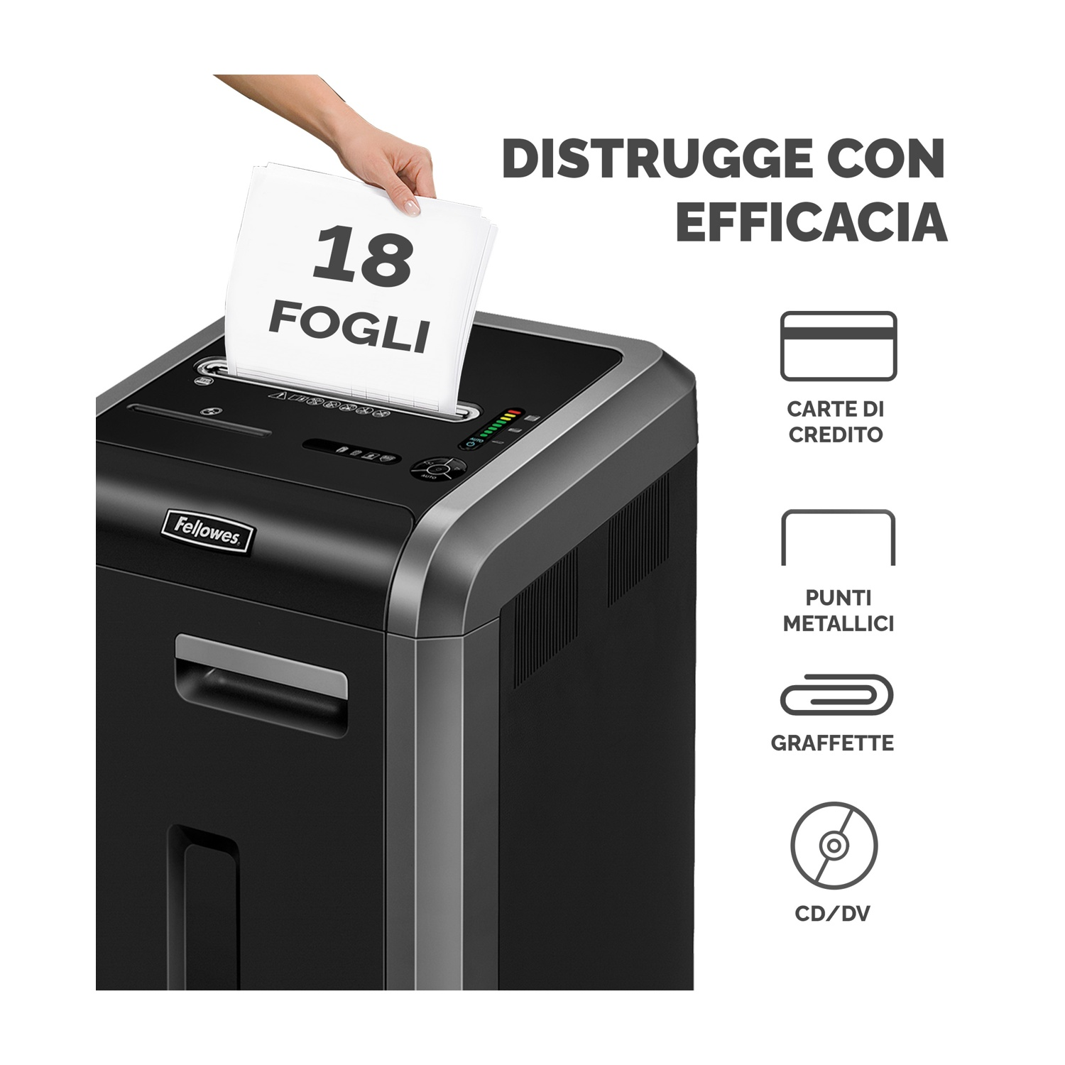 Un tritacarte con una mano che inserisce documenti e icone degli oggetti che distrugge.