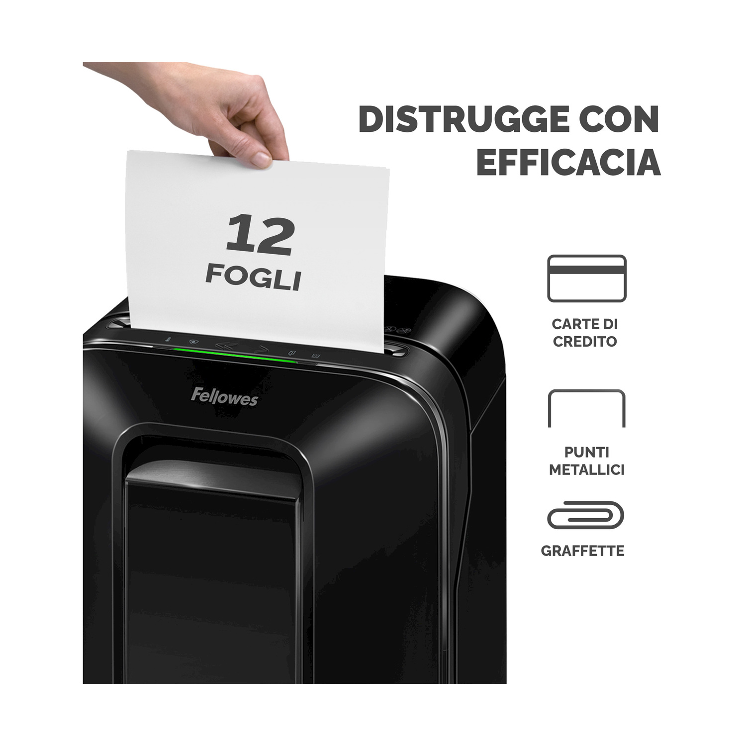 Una mano che inserisce carta in un tritadocumenti nero, con testo e icone.