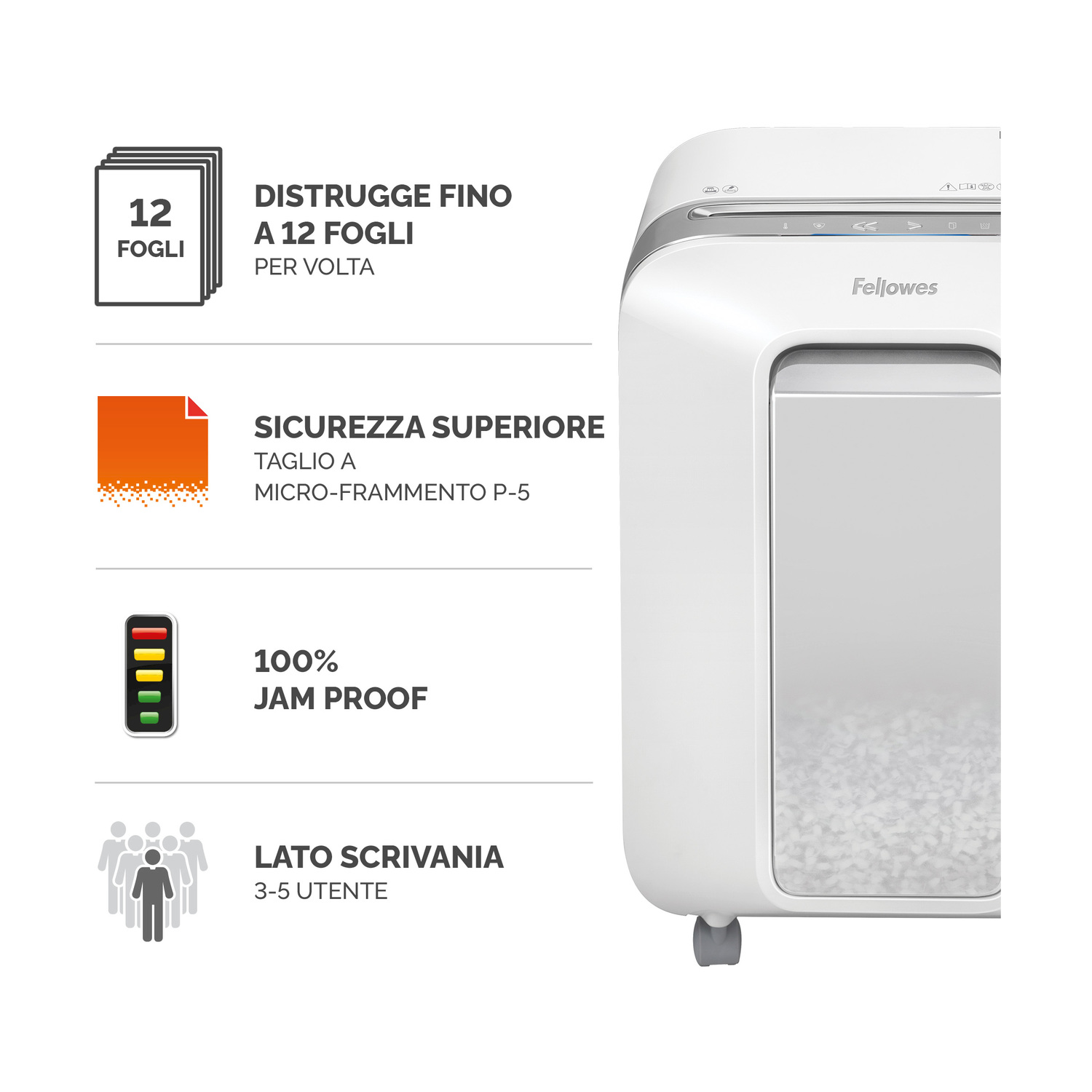 Distruggidocumenti bianco con icone informative sul lato e sfondo bianco.