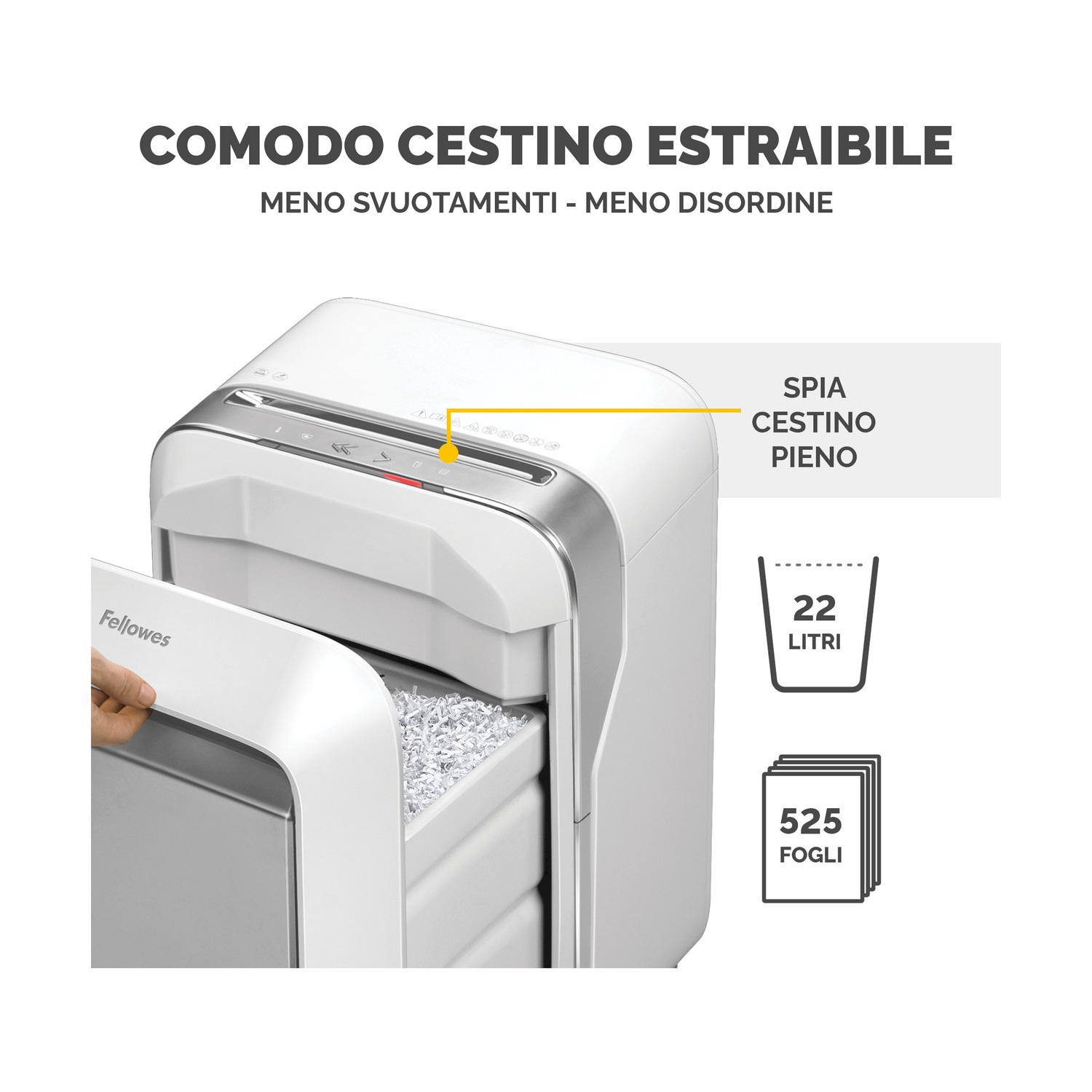 Distruggidocumenti bianco. Cassetto aperto con carta sminuzzata. Sfondo bianco.