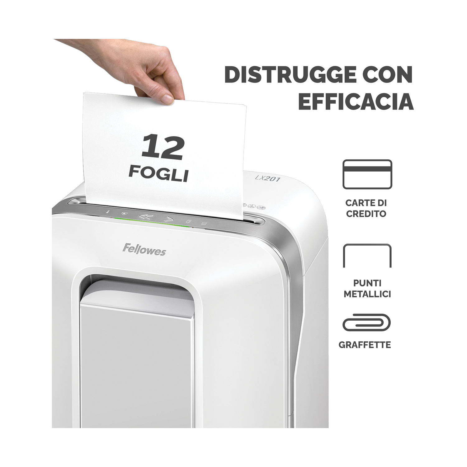 Distruggidocumenti con carta e testo. Testo 'Distrugge con efficacia'. Mano che inserisce carta. Icone: carta, graffette.