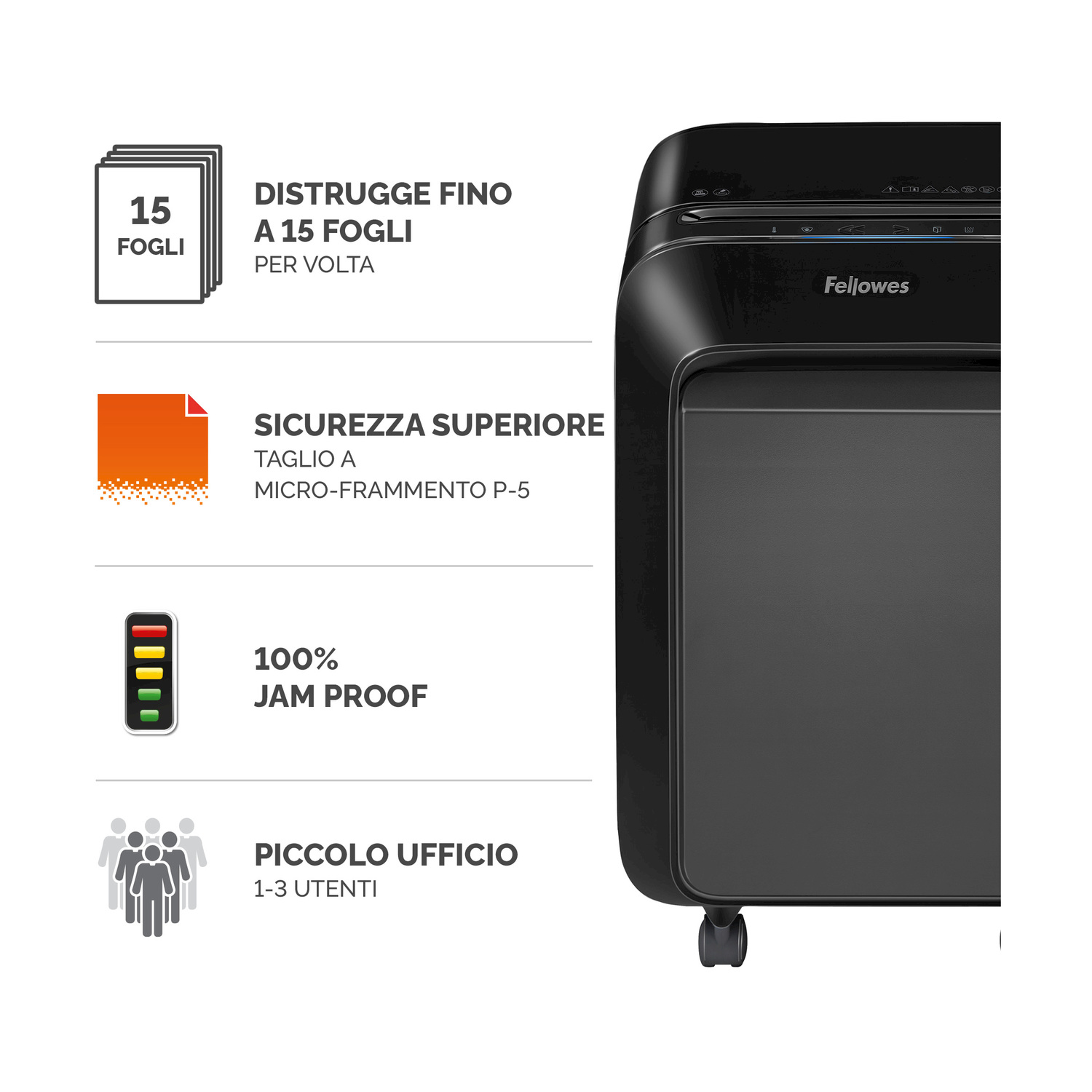 Tritadocumenti con testo su 15 fogli/volta, sicurezza superiore e 100% anti-inceppamento.