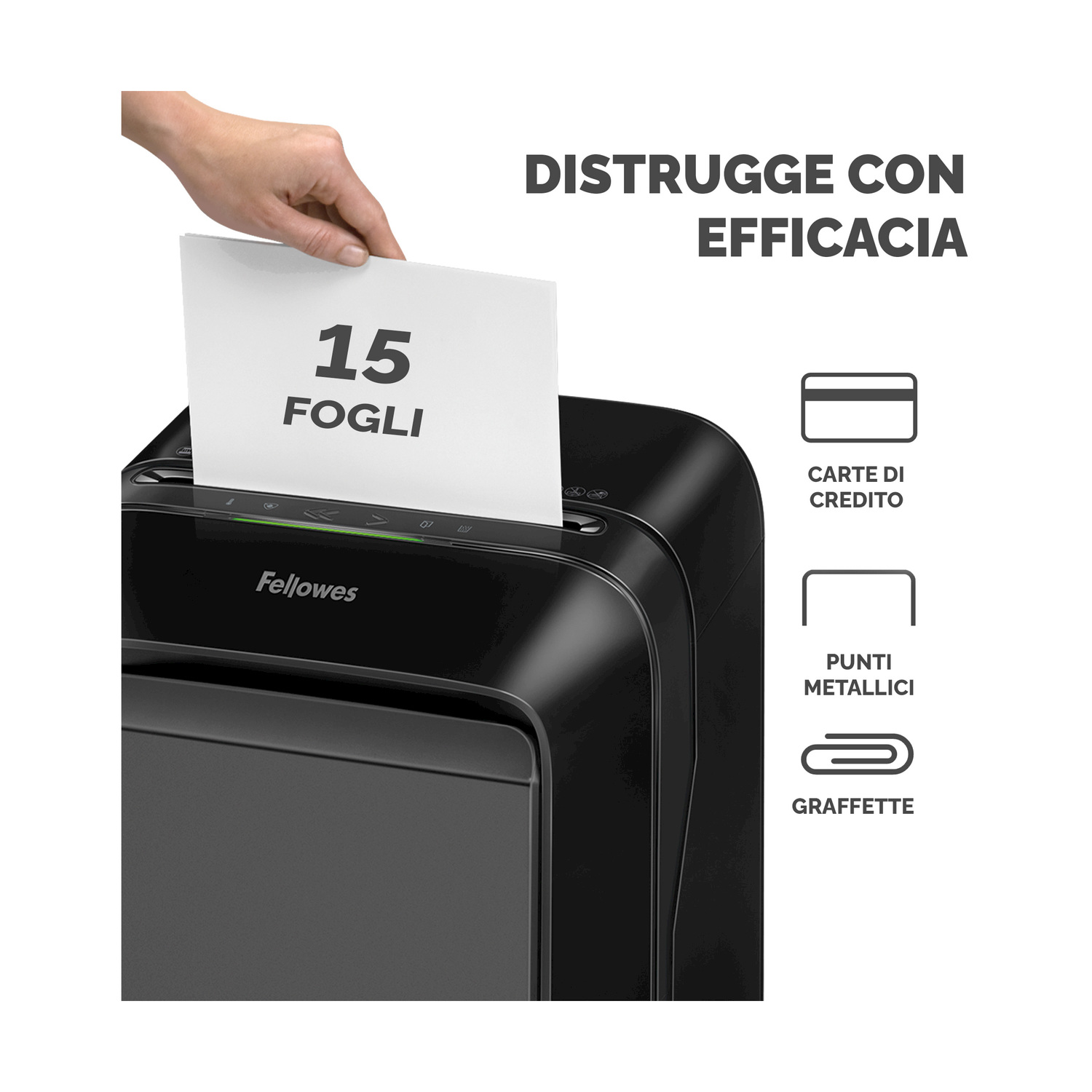 Distruggidocumenti nero con carta e testo: DISTRUGGI IN MODO EFFICACE.