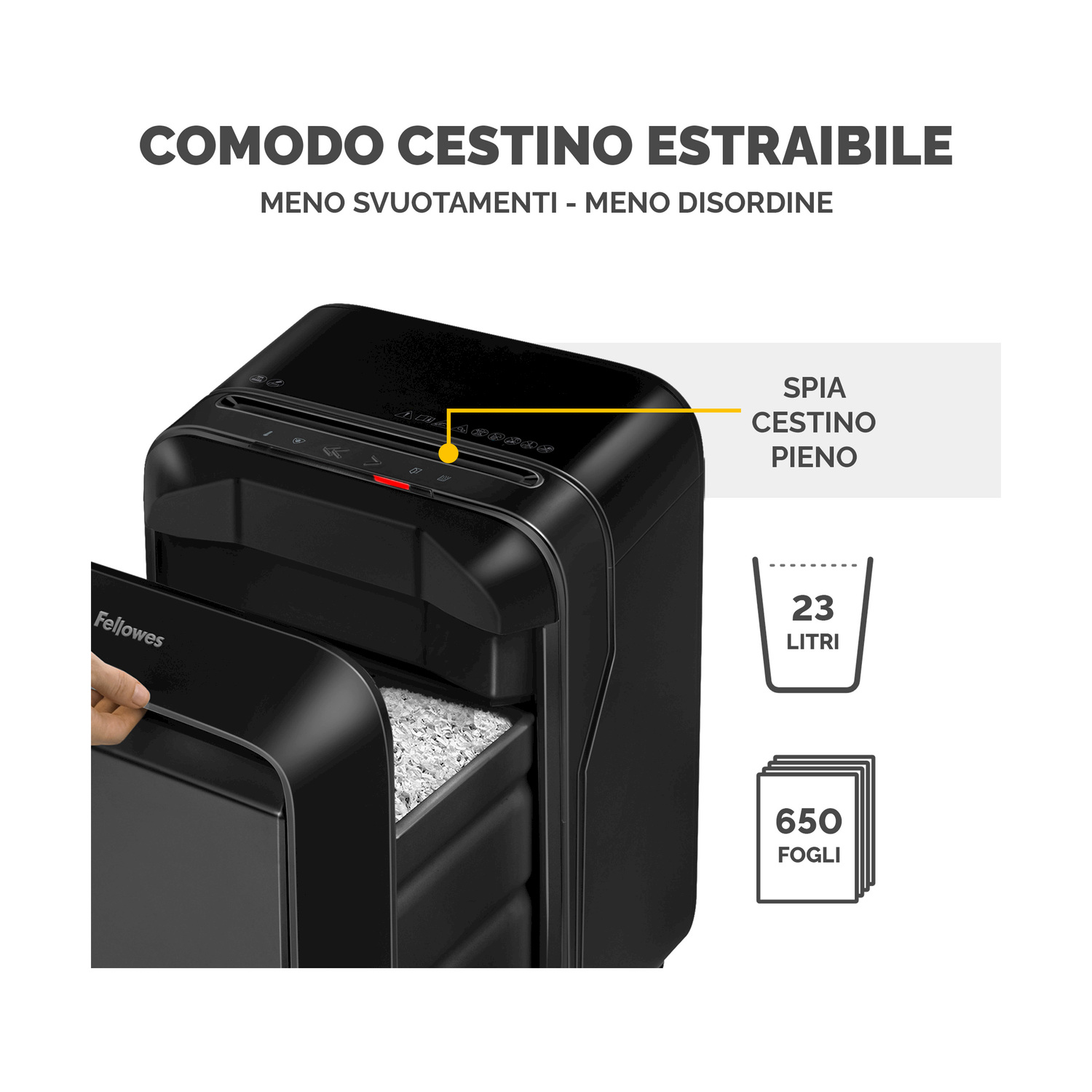 Distruggidocumenti nero con indicatore di contenitore pieno rosso e cestino rimovibile.