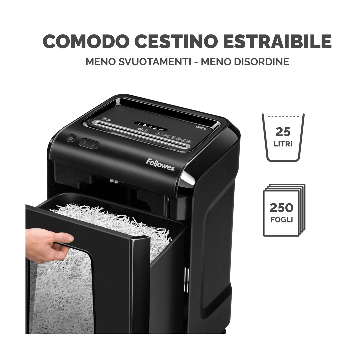 Distruggidocumenti nero con cestino rimovibile, pieno di carta sminuzzata e icone.