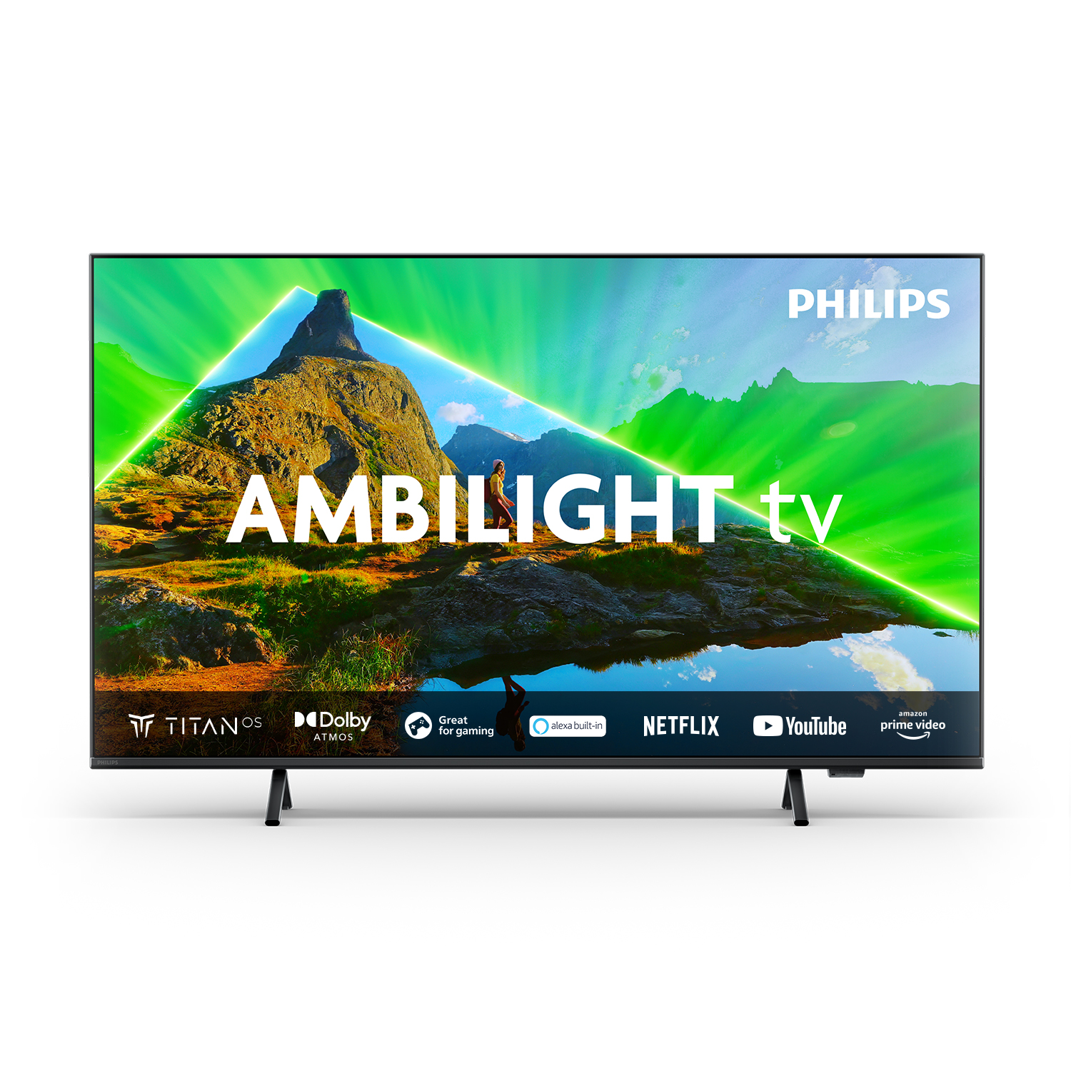Televisor Philips Ambilight sobre fondo blanco, mostrando una imagen escénica.