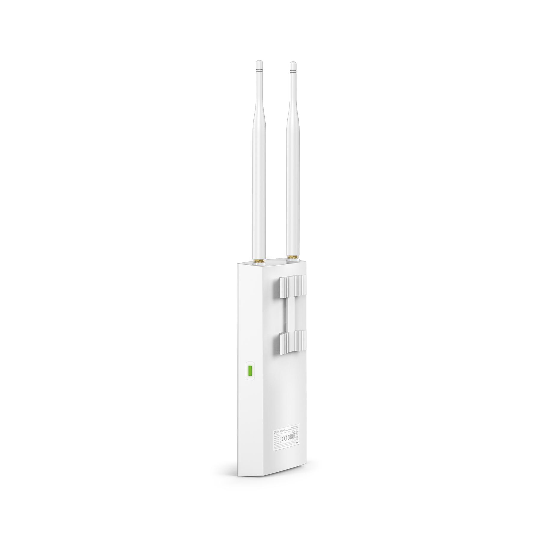 Weißer WLAN-Extender mit zwei Antennen. Verfügt über zwei Antennen und Anschlussports. Isoliert auf Weiß.