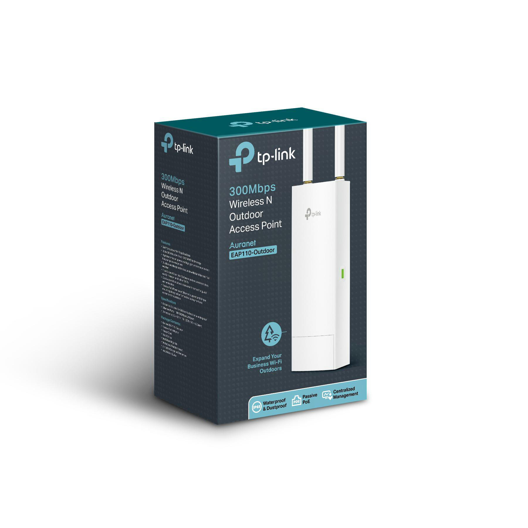 Weiße und schwarze Wireless Access Point Box mit Produktdetails. Grünes Logo.