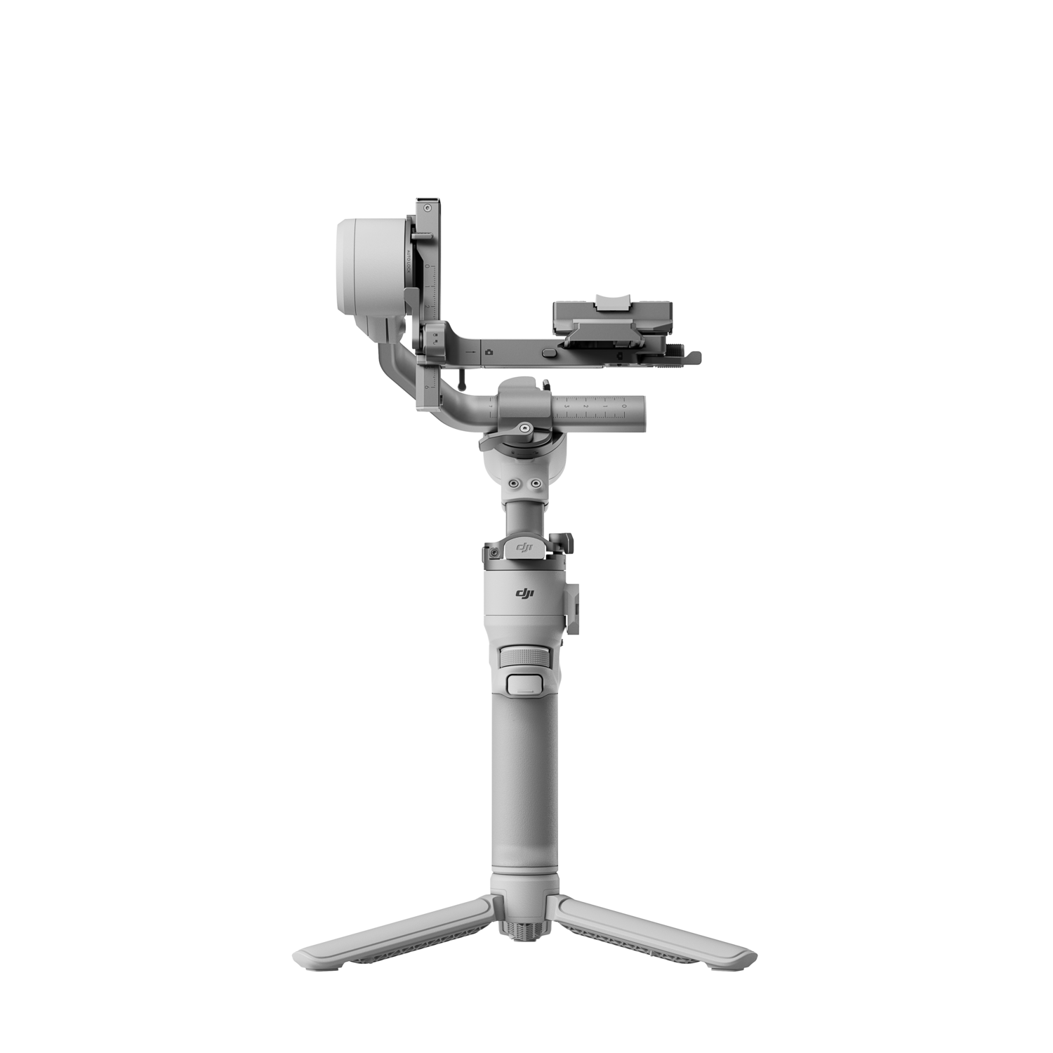 A white gimbal with a tripod base, designed for stabilizing cameras.