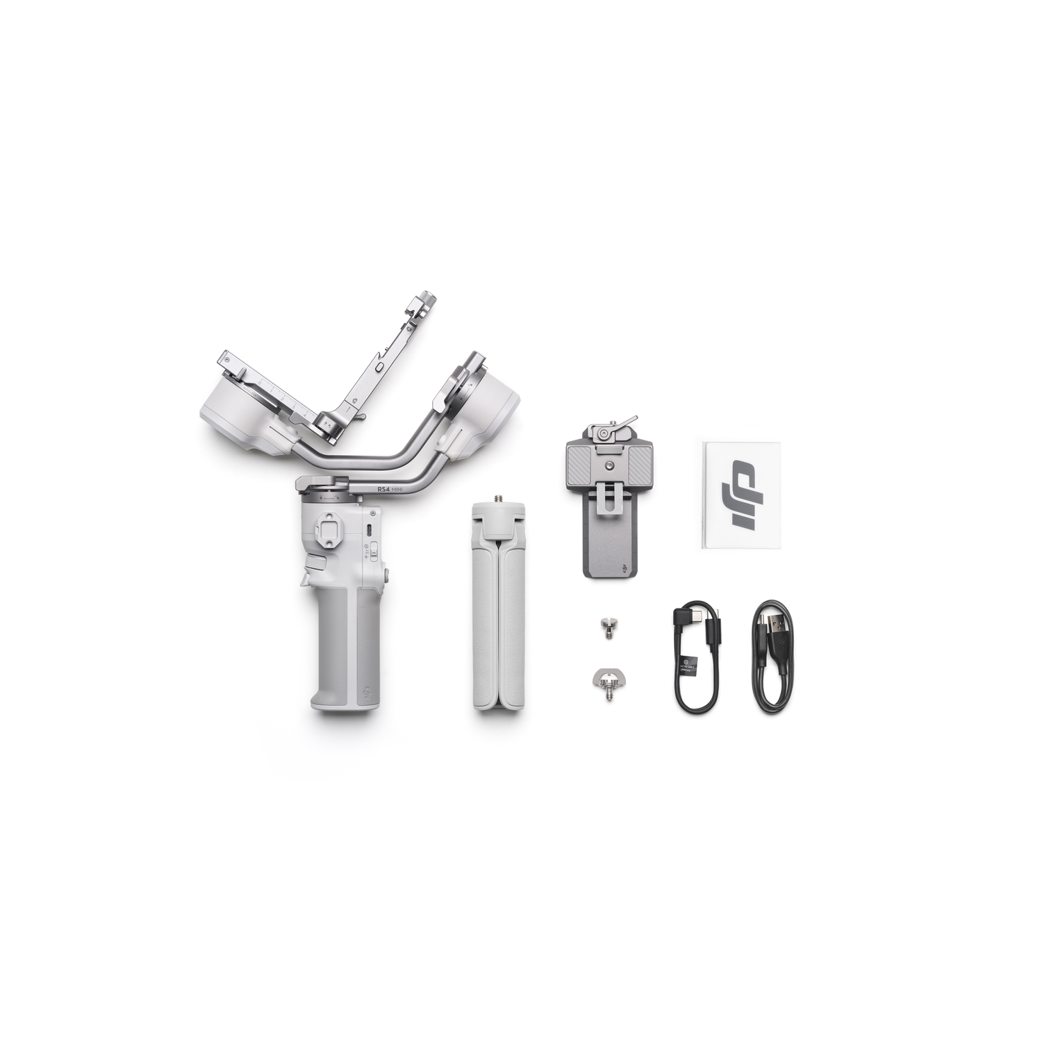 A white and gray gimbal stabilizer with accessories.