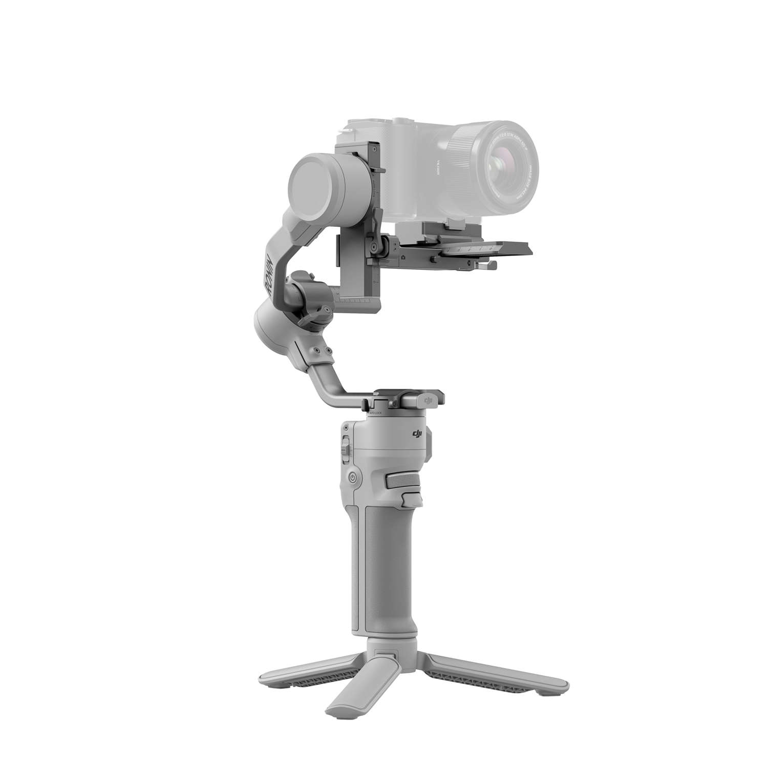 A grey camera stabilizer with a camera attached, on a black background.