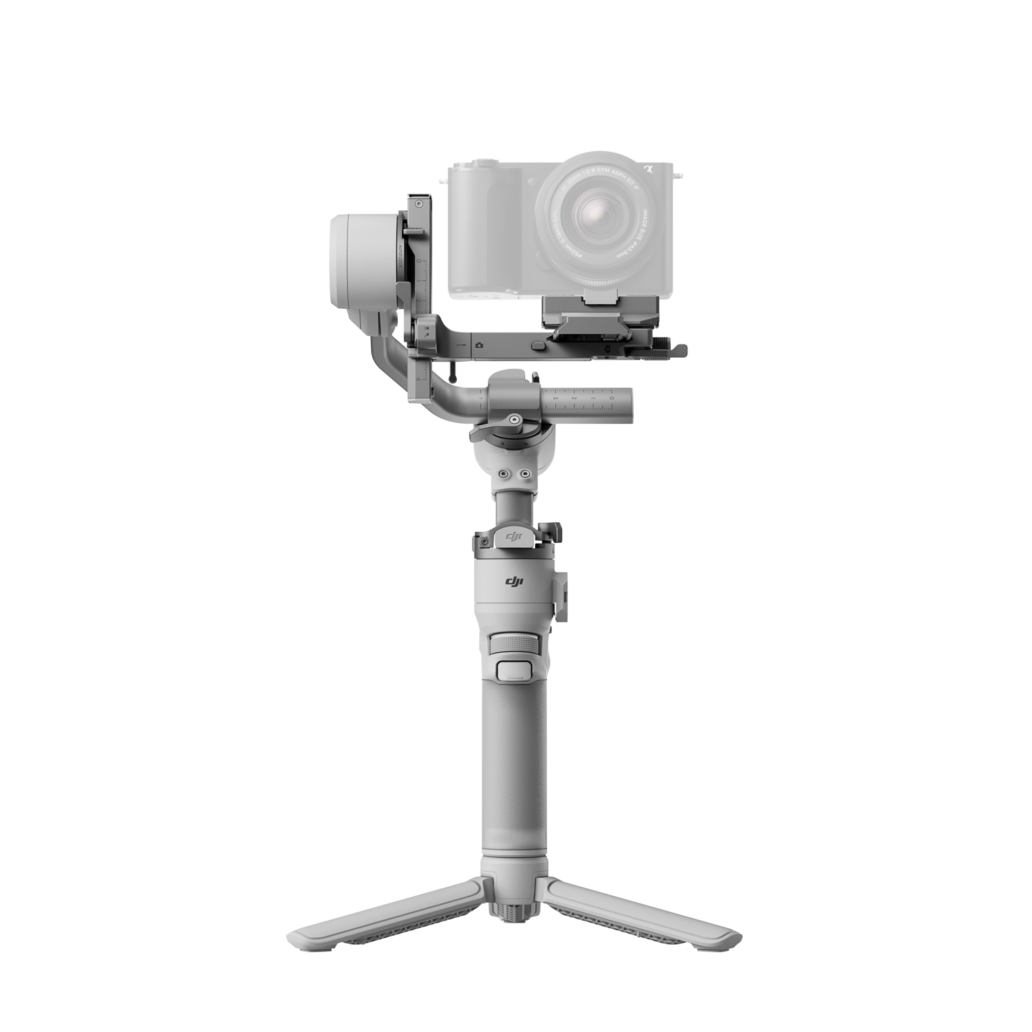 White camera stabilizer with a camera mounted on top, on a tripod, black background.