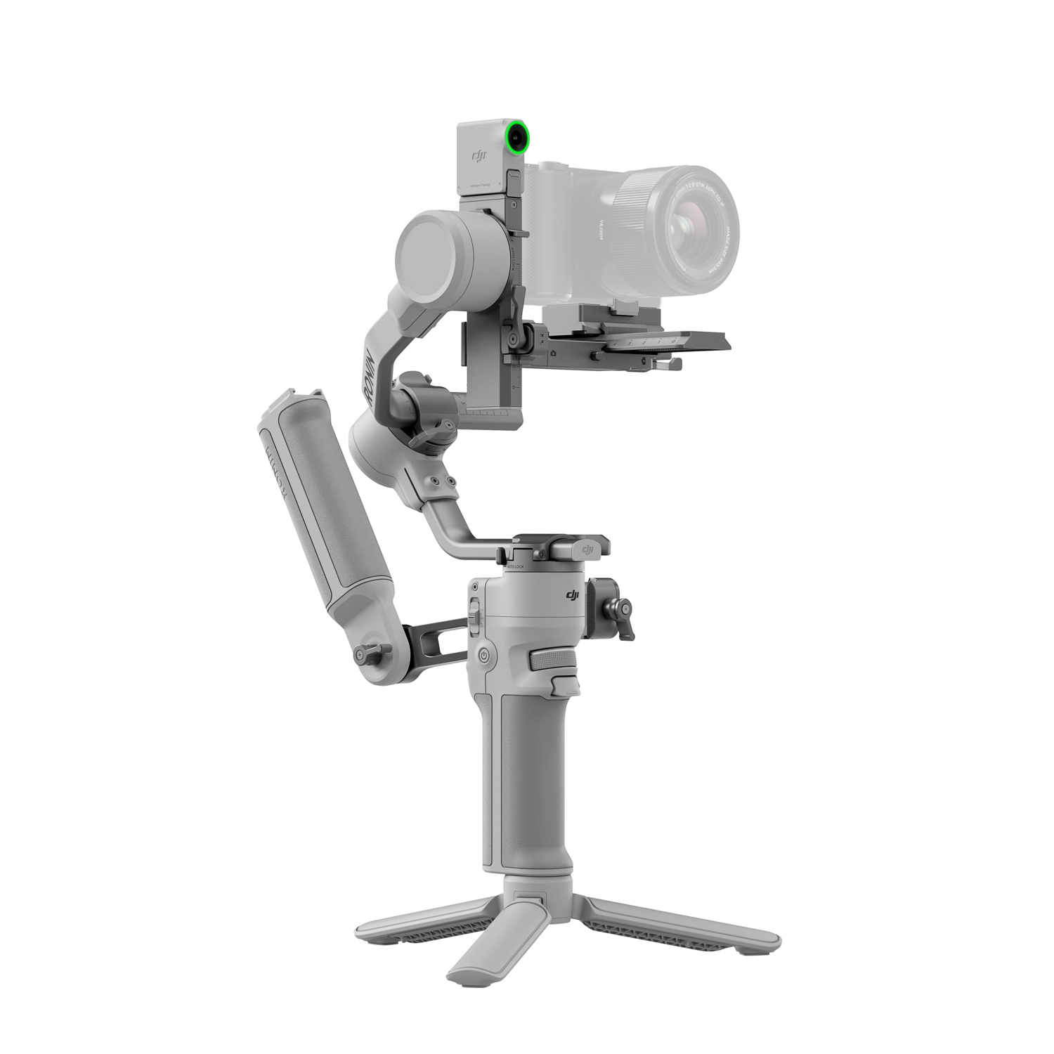 A gray camera mounted on a gray gimbal stabilizer with a tripod base.