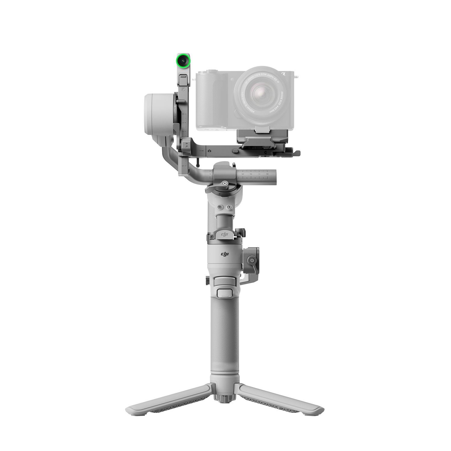 White gimbal with a camera attached, standing on a tripod, black background.