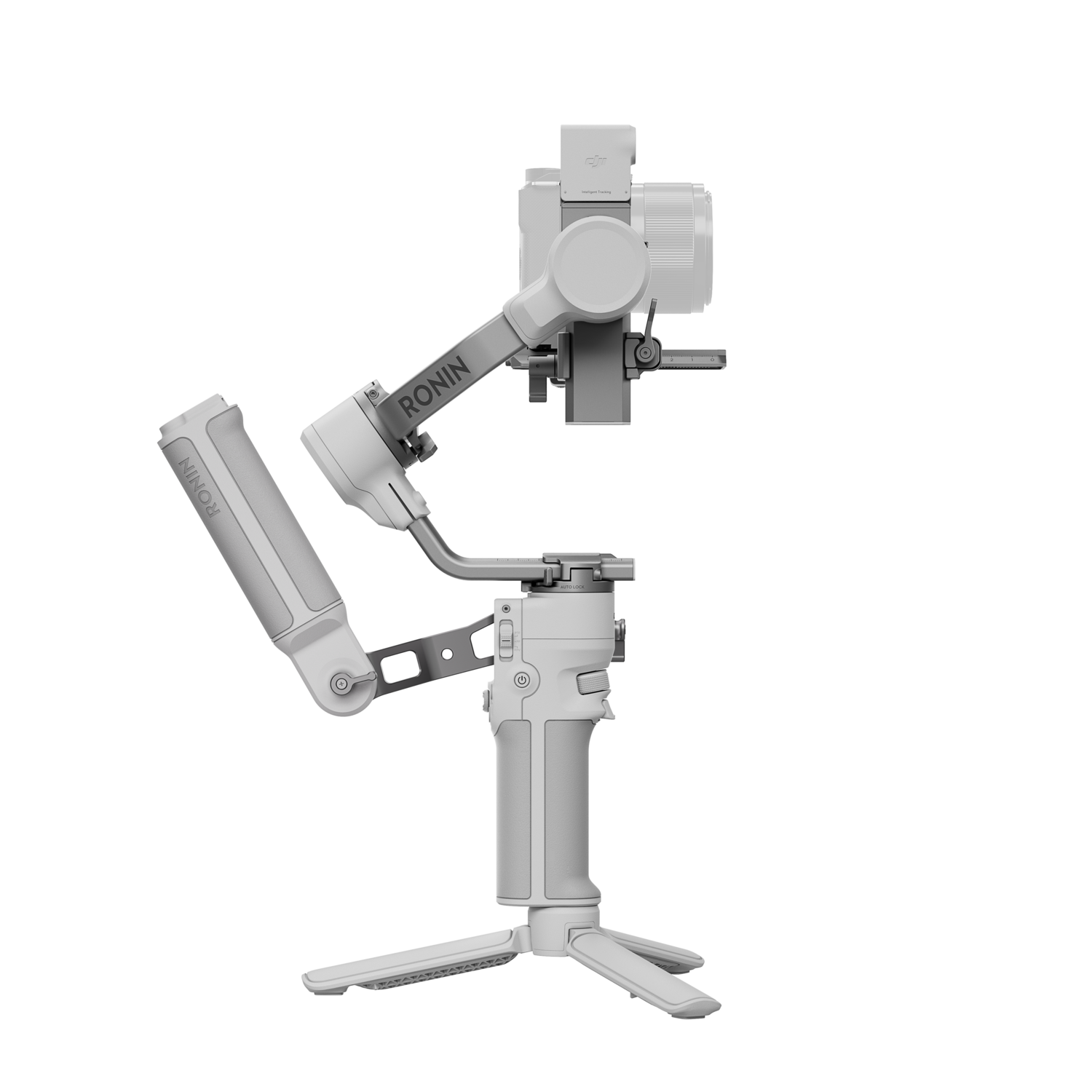 White Ronin camera stabilizer on a black background, with a camera attached.