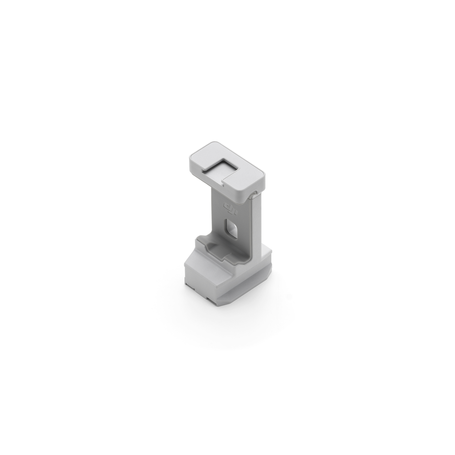 A small, light gray drone part on a white background, with a rectangular top.