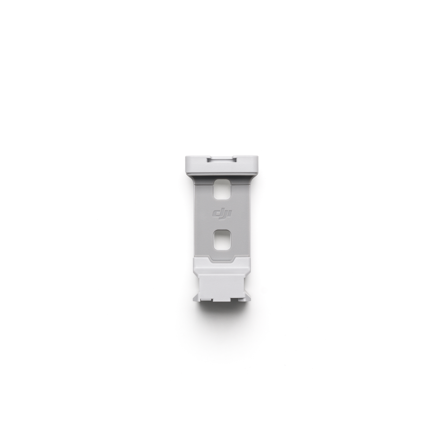 A gray-colored plastic DJI drone part against a white background.
