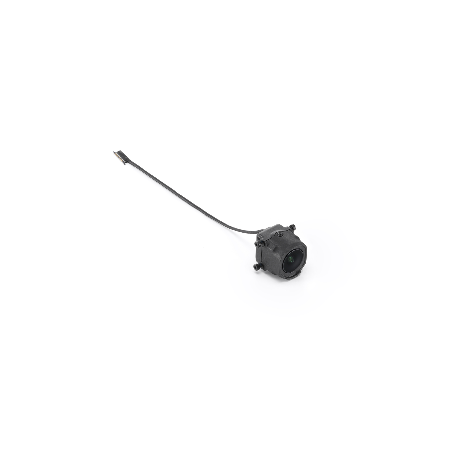A black camera lens on a white background. A cable is attached to the camera lens.
