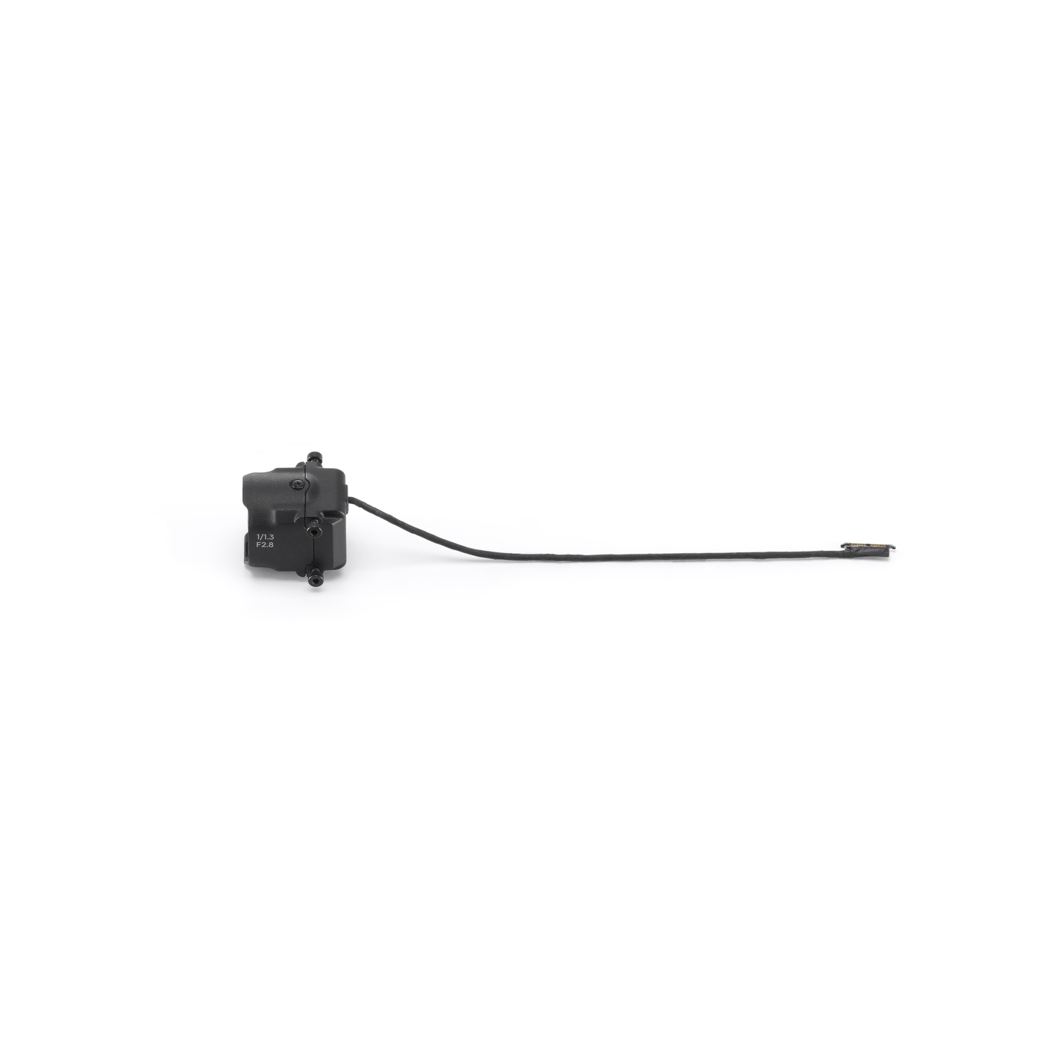 Small black electronic component with a black cable on a white background.