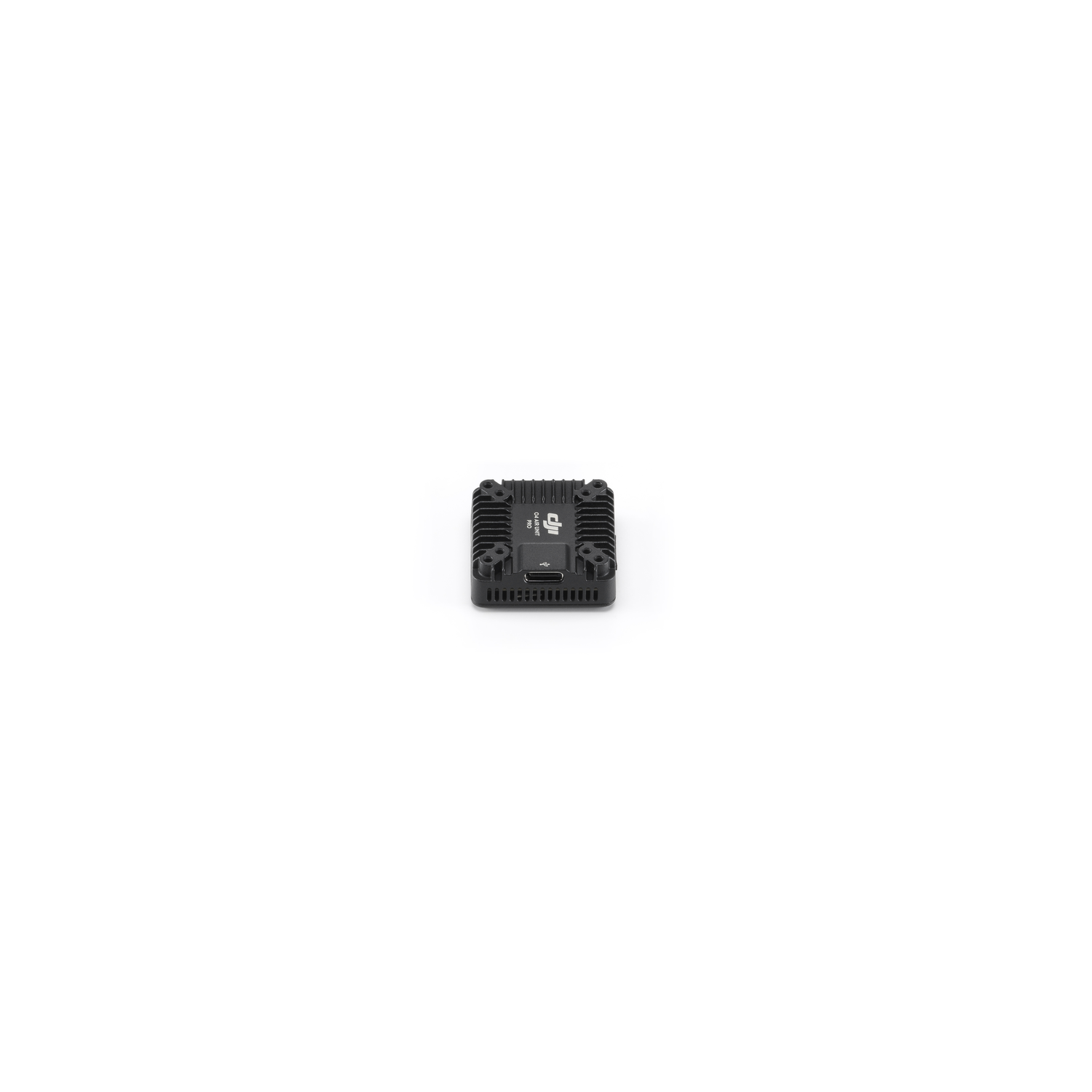 Black device with a square shape. It has many fins and a USB port. White background.