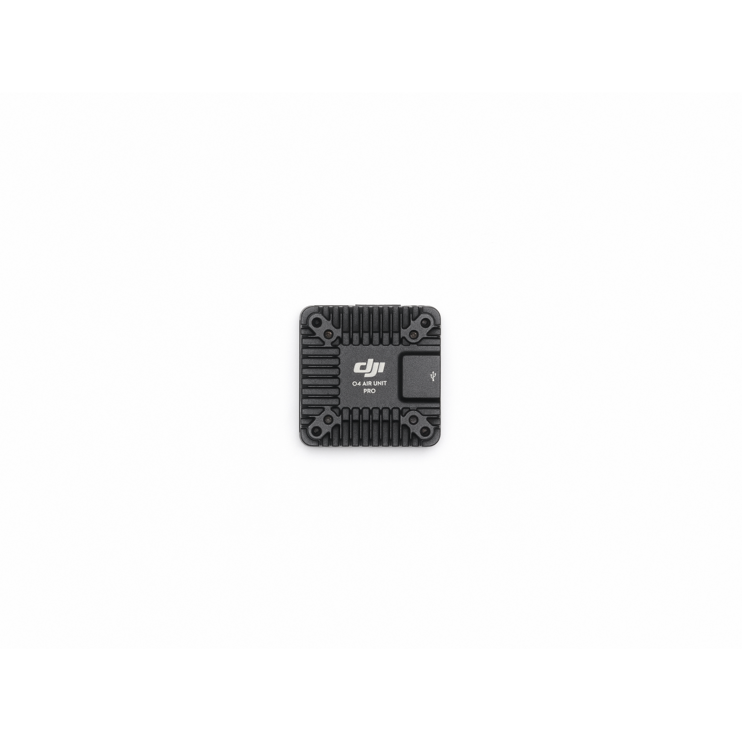 A small black drone component with a USB port. It has a ridged top surface and the DJI logo.