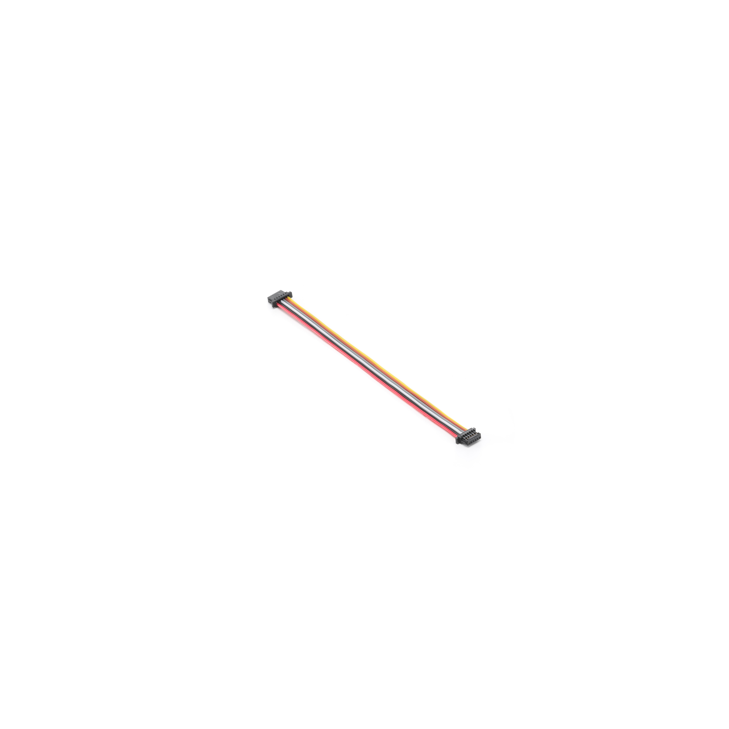 A flat cable with two connectors. The cable is white, red, and yellow.