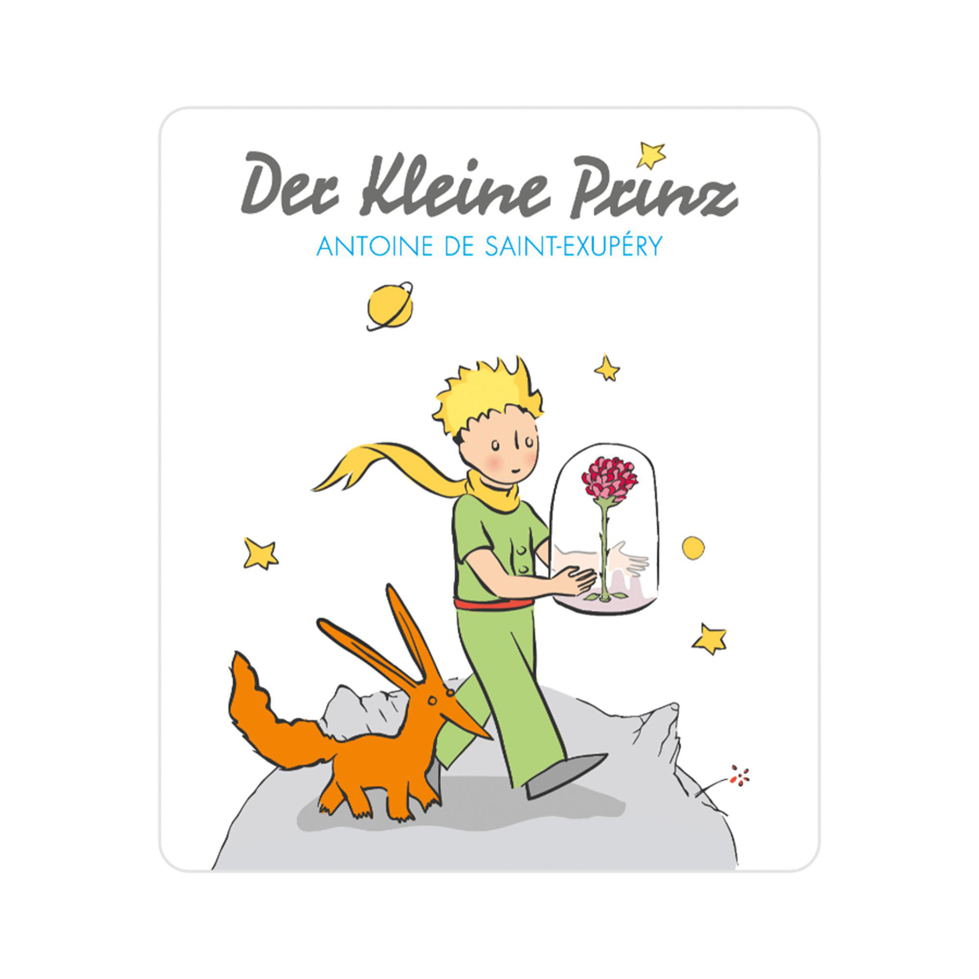 Illustration vom Kleinen Prinzen, Fuchs und Rose in Glaskuppel. Text: Der Kleine Prinz.