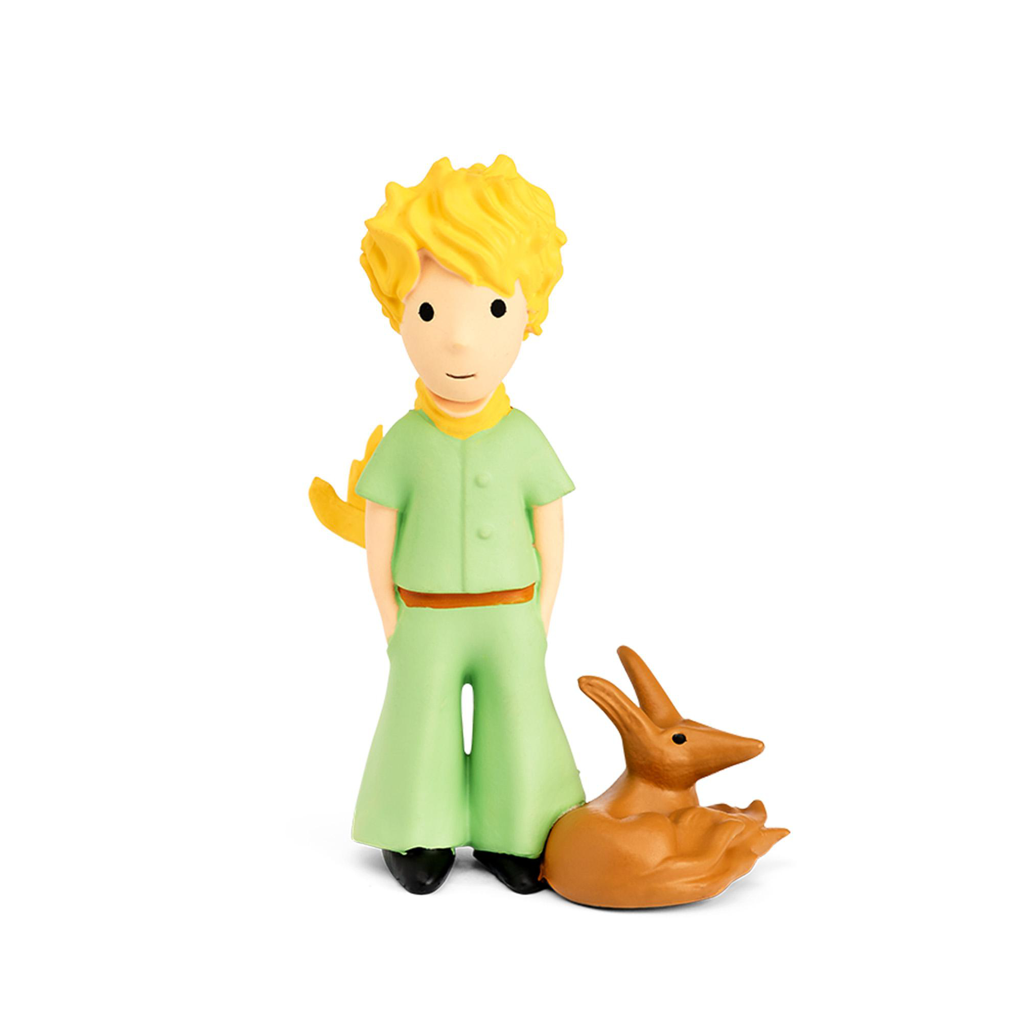 Eine kleine Prinz-Figur mit einem Fuchs, steht auf einer weißen Oberfläche.