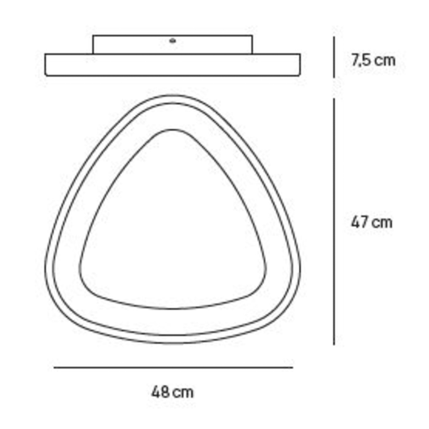 Disegno lineare di un apparecchio di illuminazione a soffitto. Ha una forma triangolare.