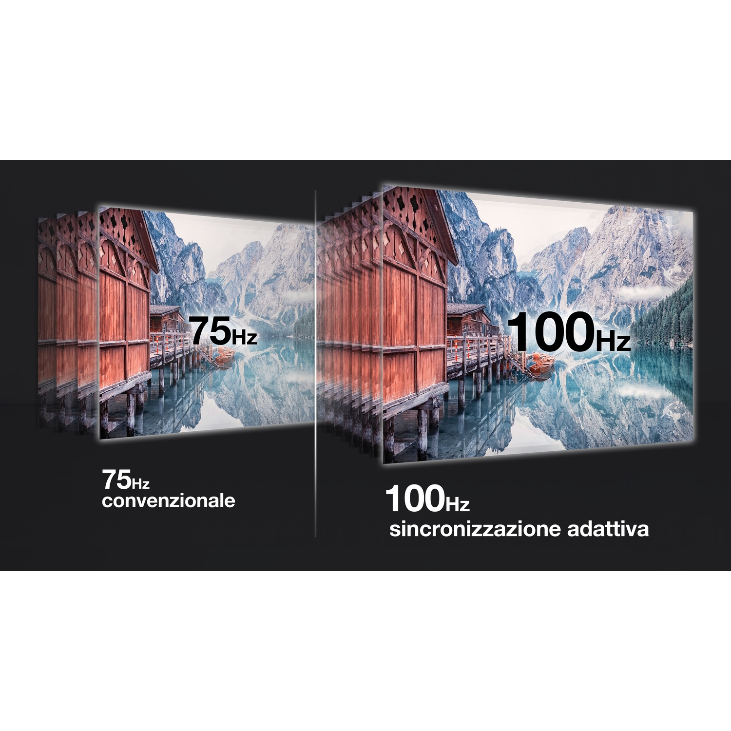 Due schermi, uno mostra 75Hz, l'altro 100Hz, entrambi con paesaggi. Testo: 75Hz convenzionale, 100Hz.