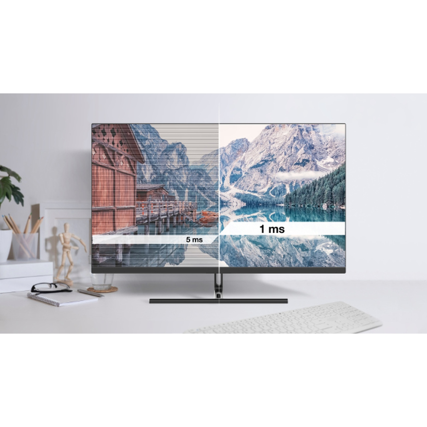 Schermo del monitor che mostra due immagini: una con tempo di risposta di 5 ms e una con 1 ms.