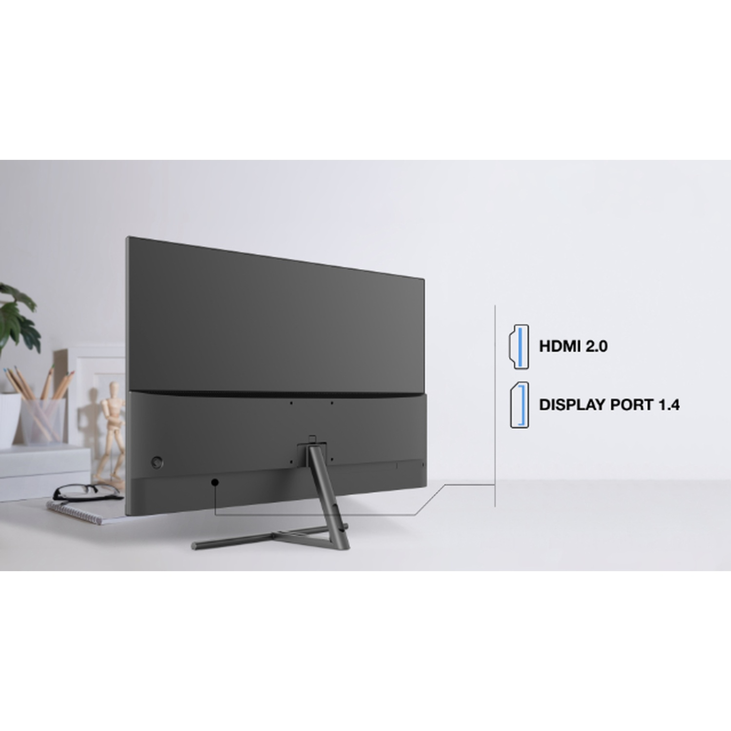 Retro di un monitor scuro. Porte etichettate HDMI 2.0 e DISPLAY PORT 1.4.