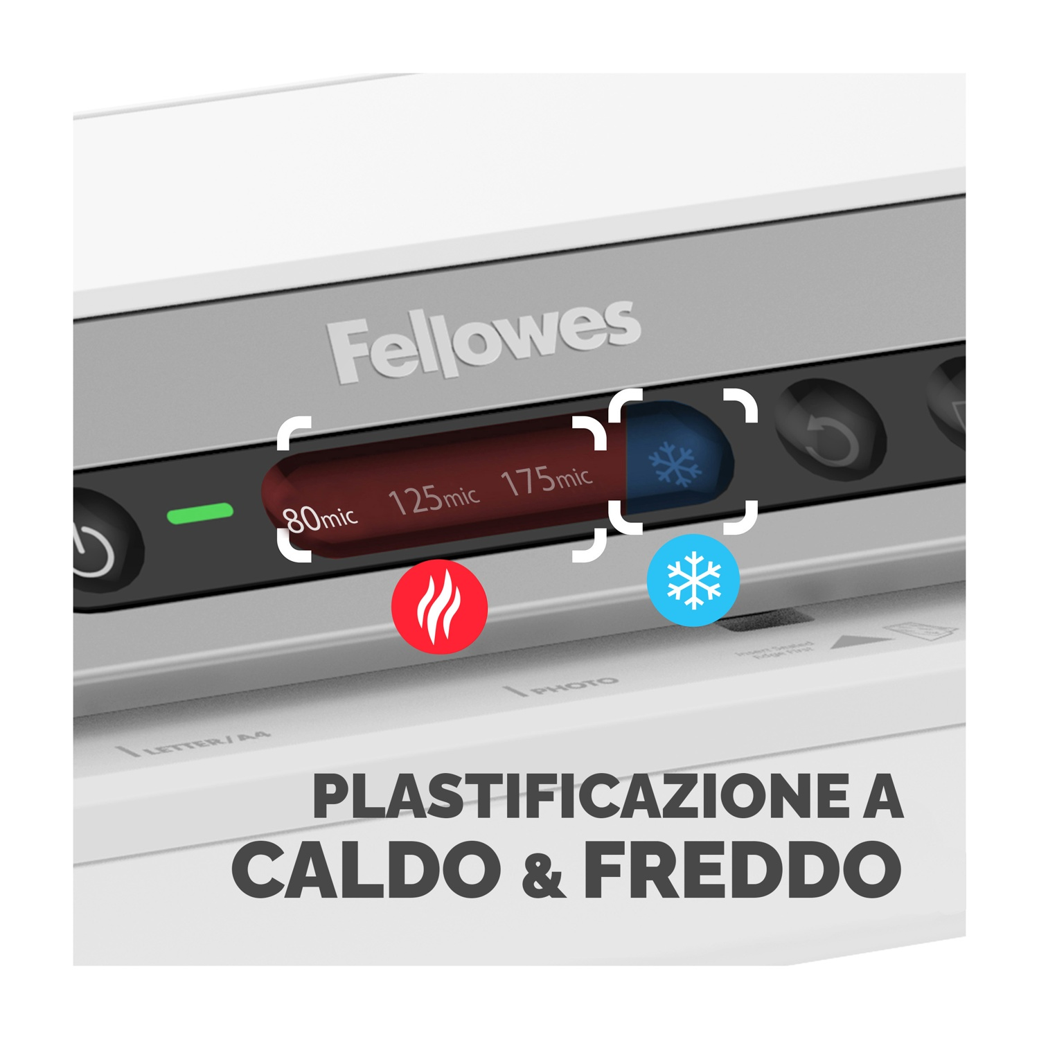 Primo piano di una plastificatrice Fellowes con impostazioni e indicatori di temperatura, che mostra un display digitale.
