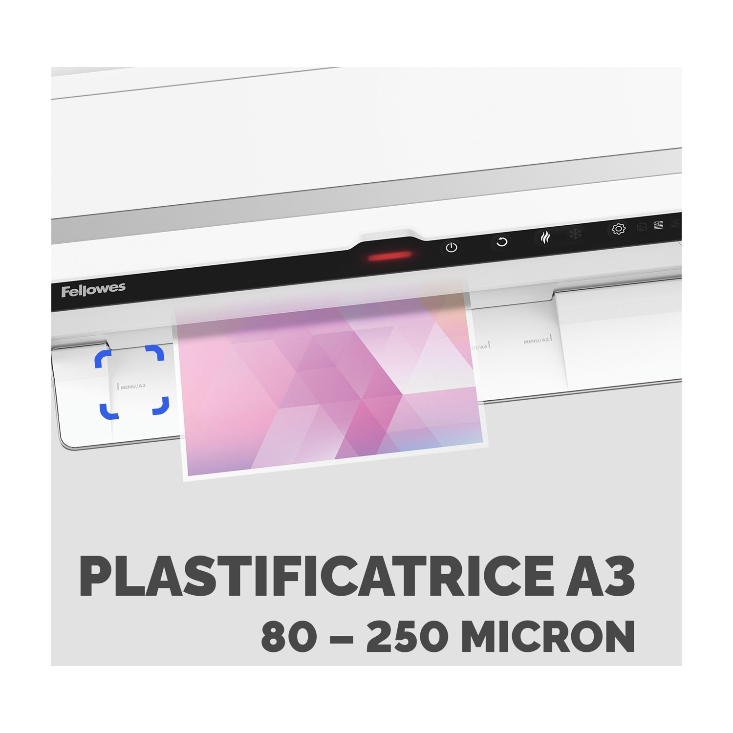 Una plastificatrice bianca con un grafico rosa che viene alimentato, il testo dice 'A3'.