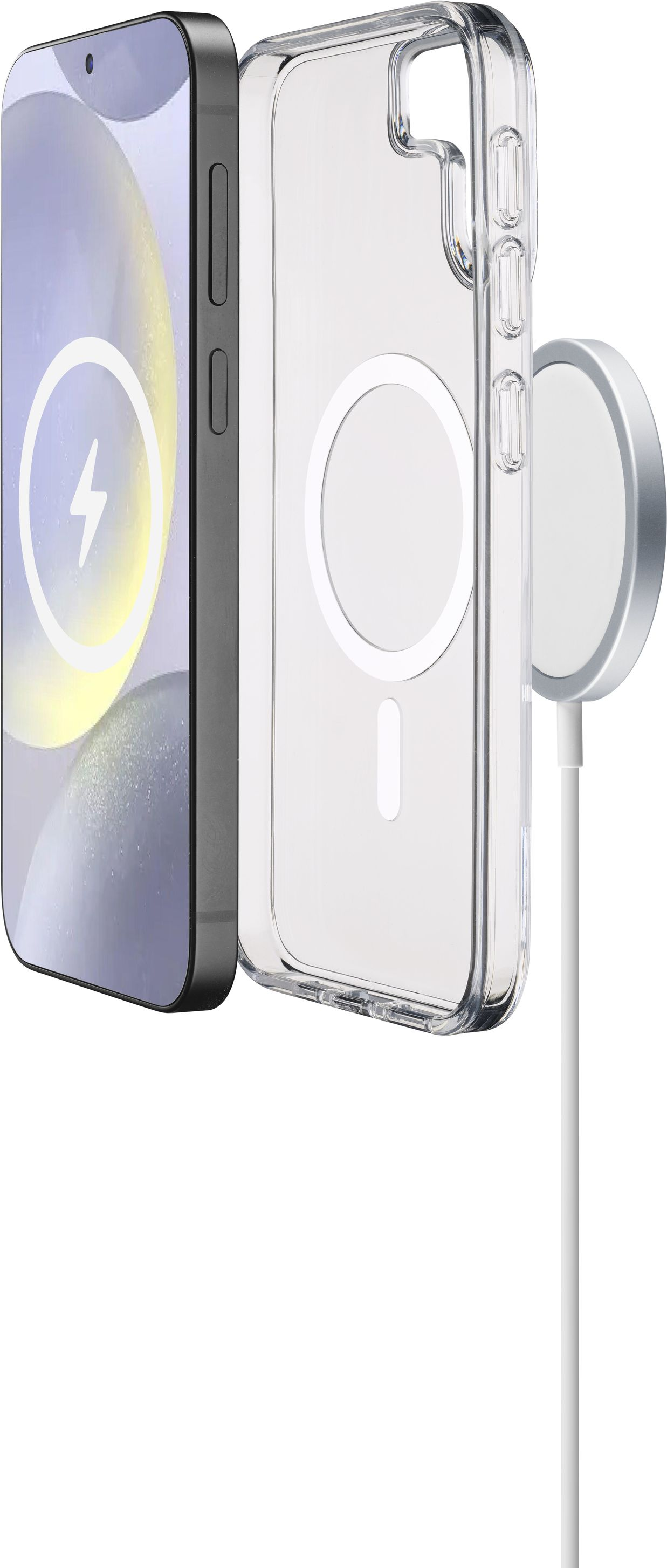 Un téléphone avec un étui et un chargeur sans fil. Le téléphone affiche un symbole de charge.