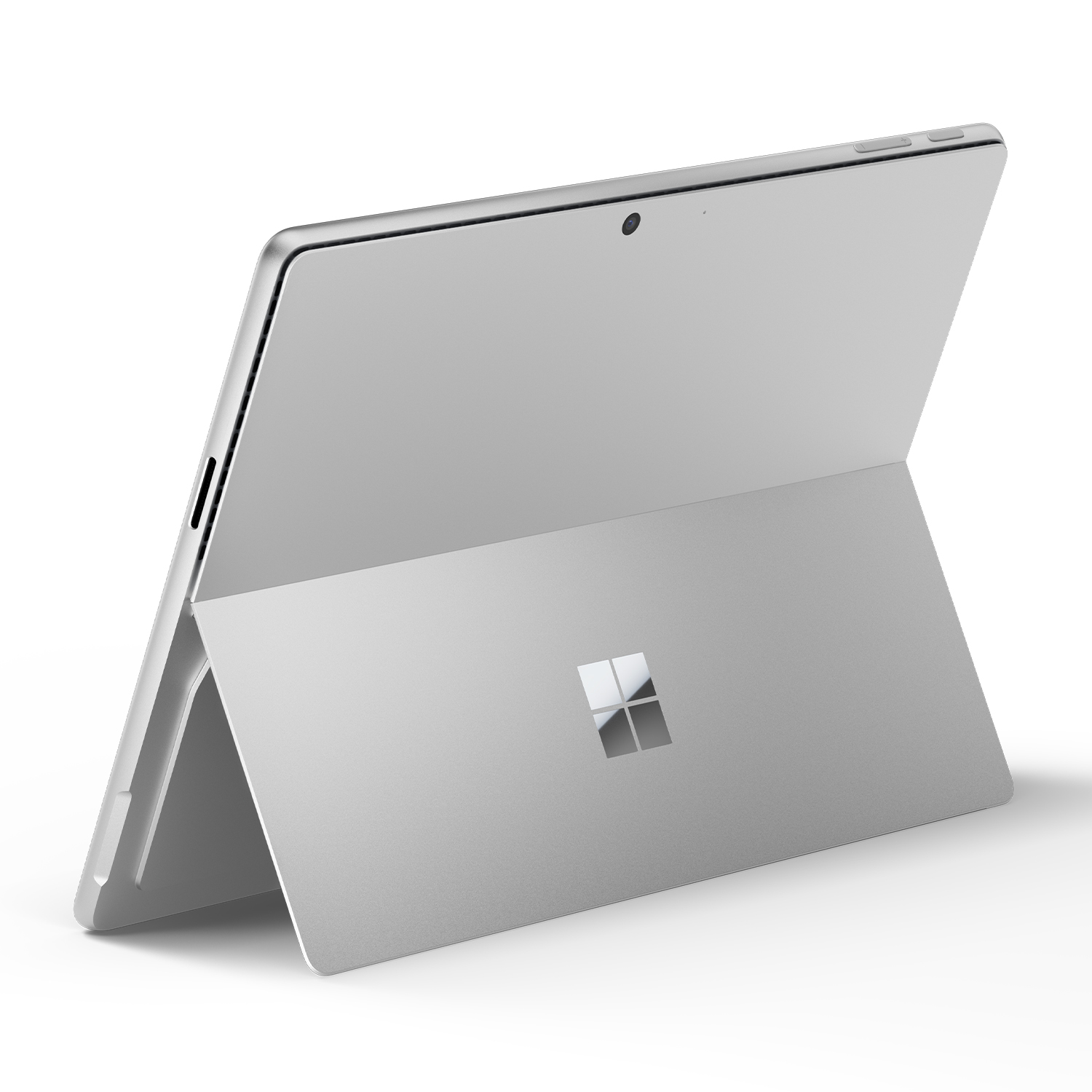 Un tablet argentato con un supporto. La parte posteriore ha un logo.