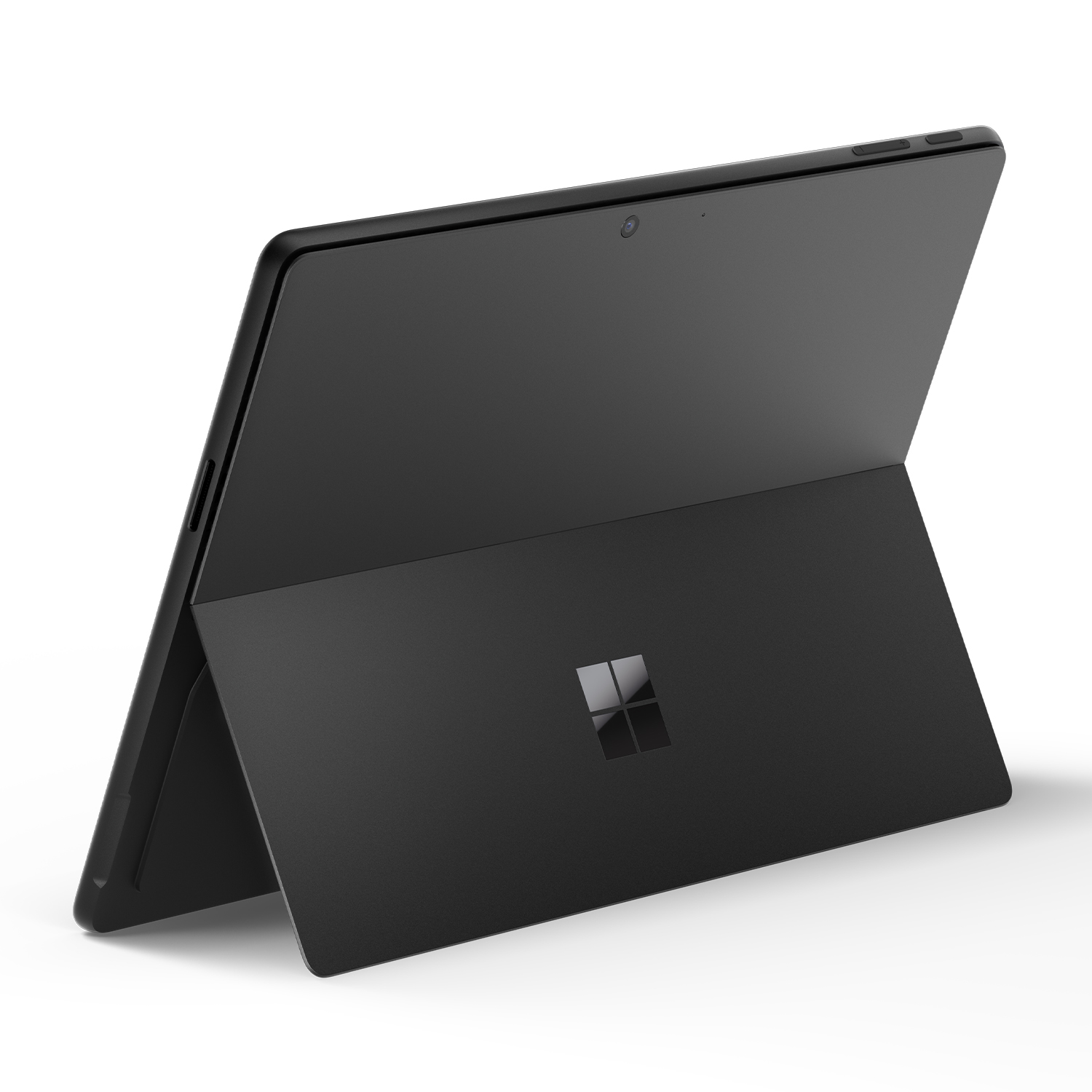 Microsoft Surface Pro nero, tablet con cavalletto aperto.