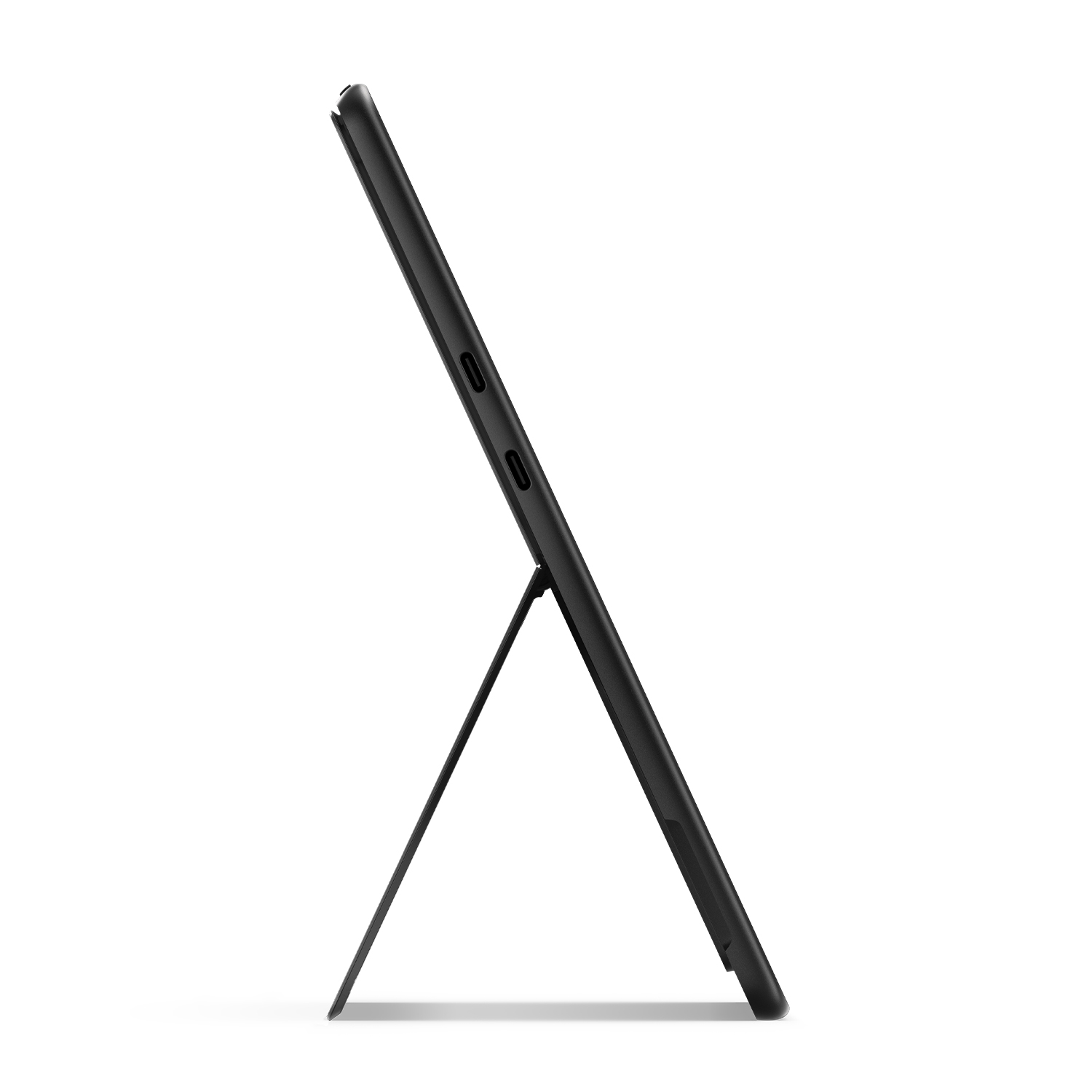 Tablet nero, vista laterale, sostenuto da un supporto. Due porte sono visibili sul lato.