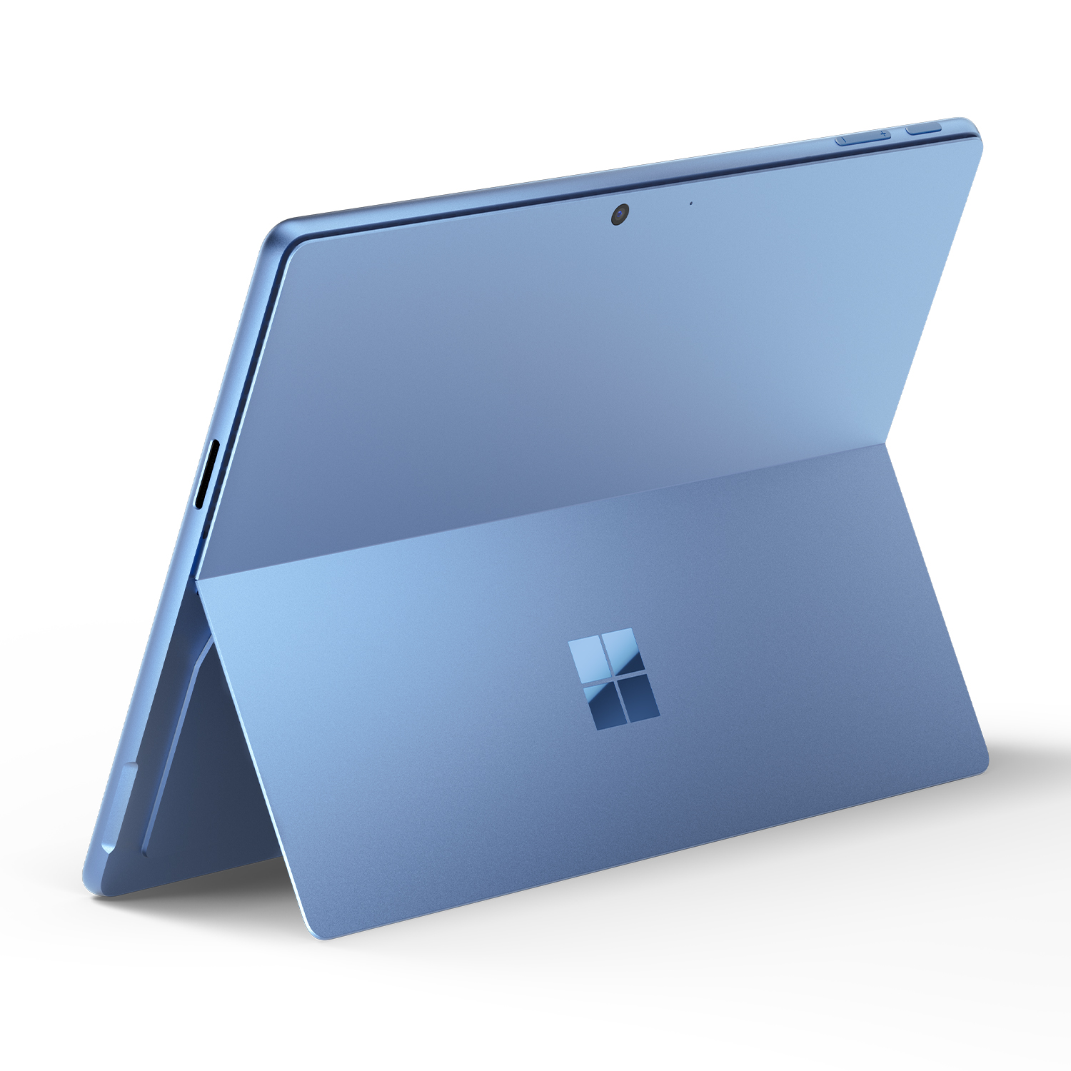 Tablet blu. Schienale angolato. Logo Microsoft sul retro. Fotocamera in alto.