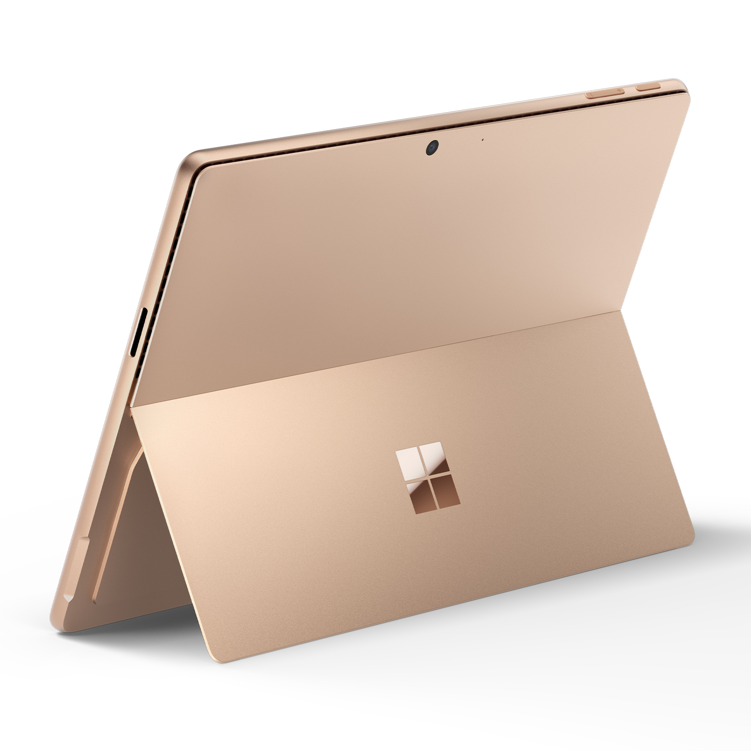 Tablet oro, aperto, angolato. Logo Microsoft visibile sul retro.