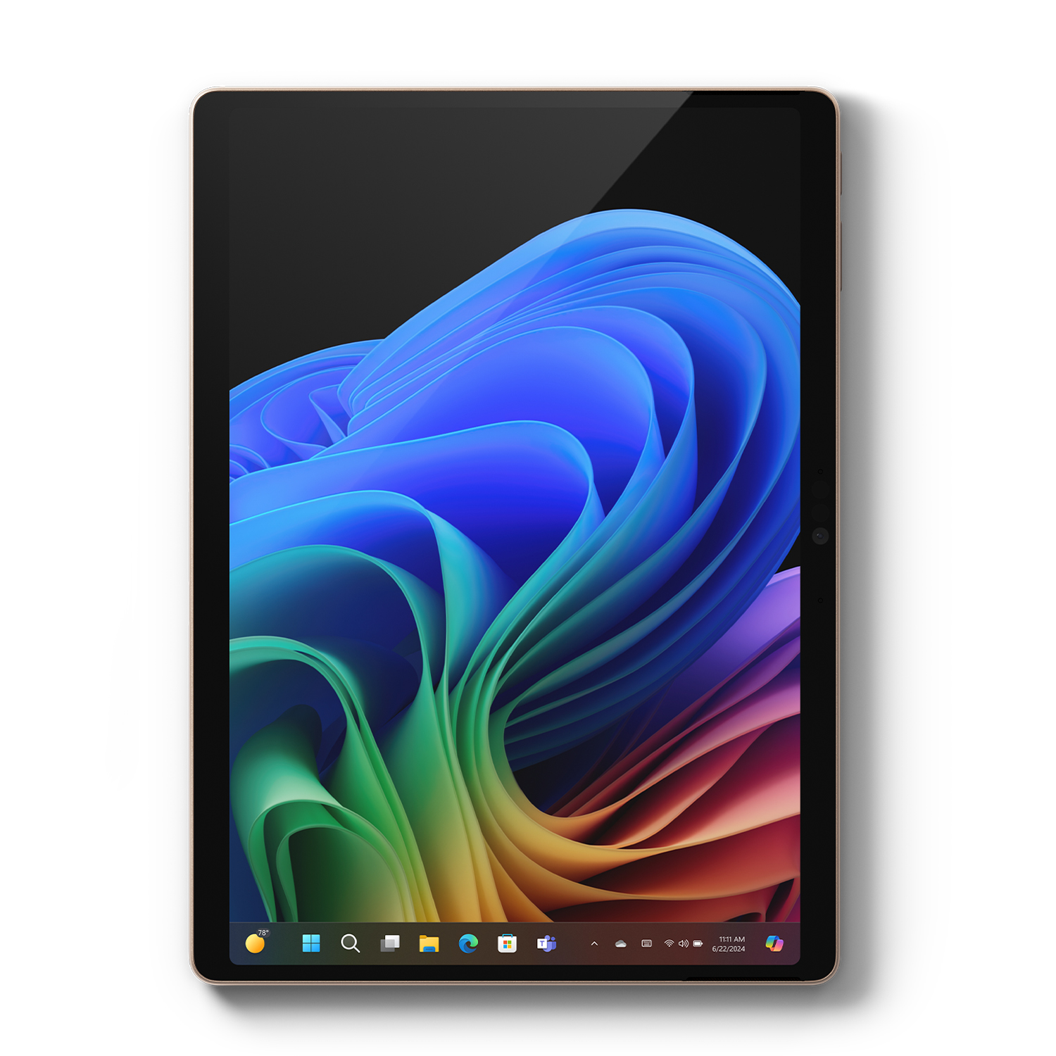 Tablet con uno sfondo astratto vibrante e colorato e un'interfaccia di videochiamata.
