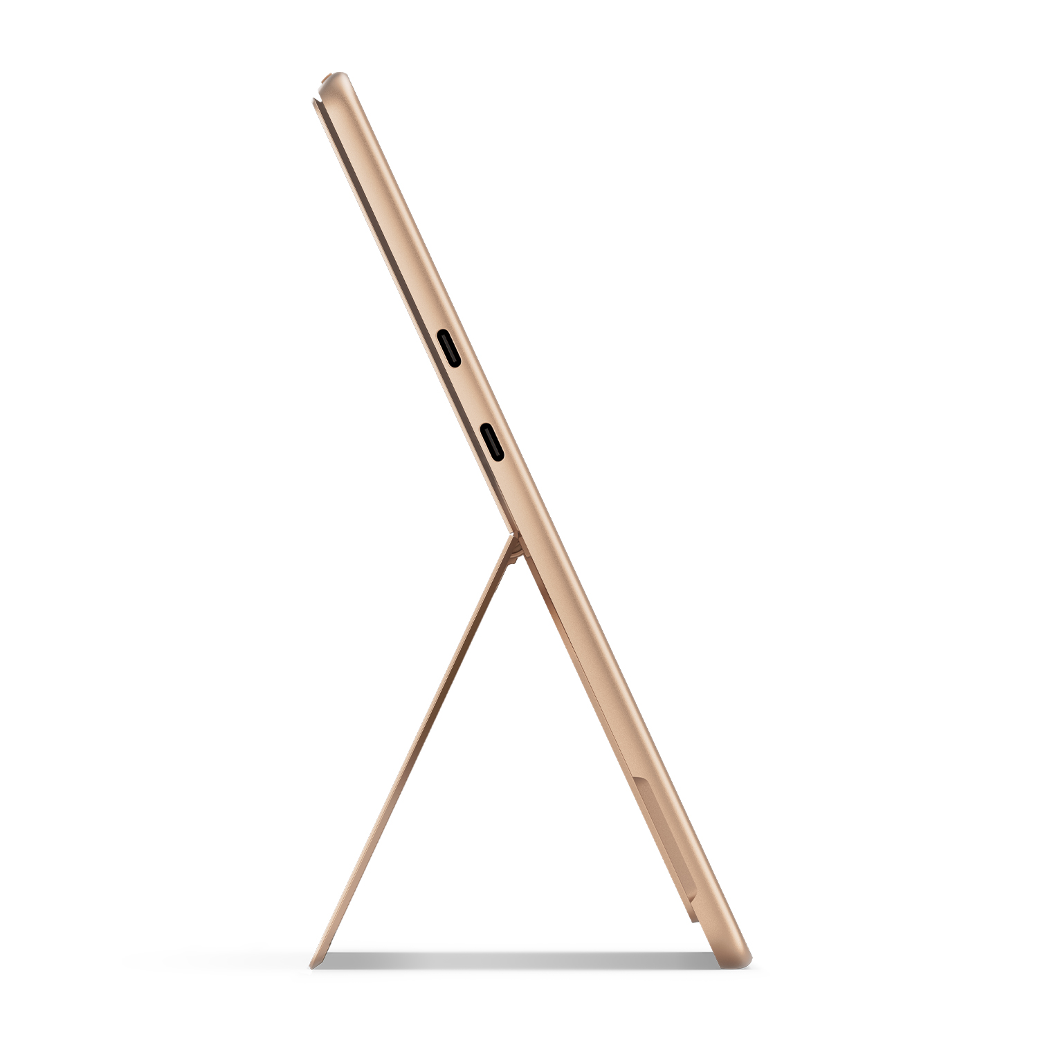 Tablet d'oro. Vista laterale. Supporto sul retro. Sfondo bianco.