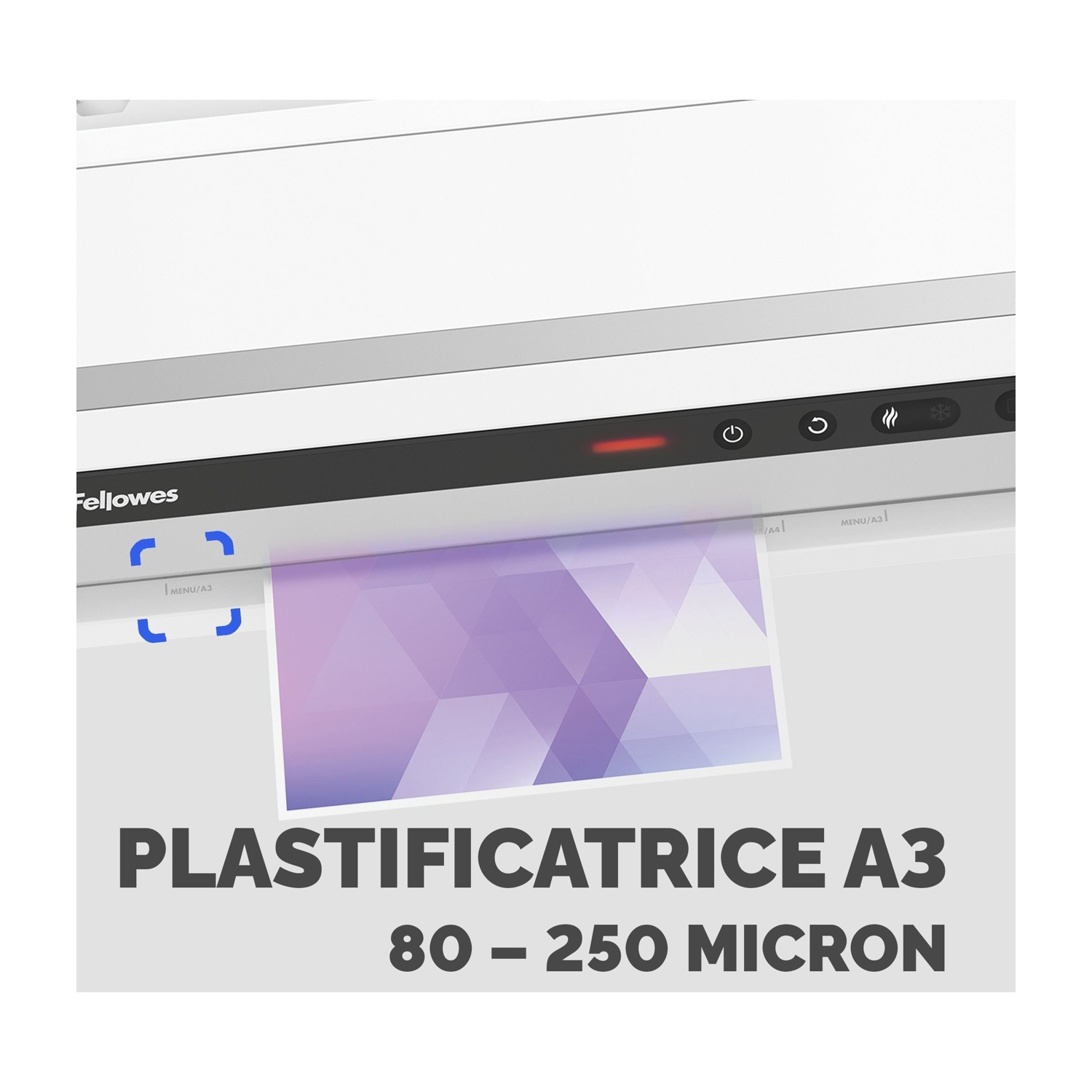 La plastificatrice A3 mostra un'immagine geometrica viola e un pannello di controllo con testo.