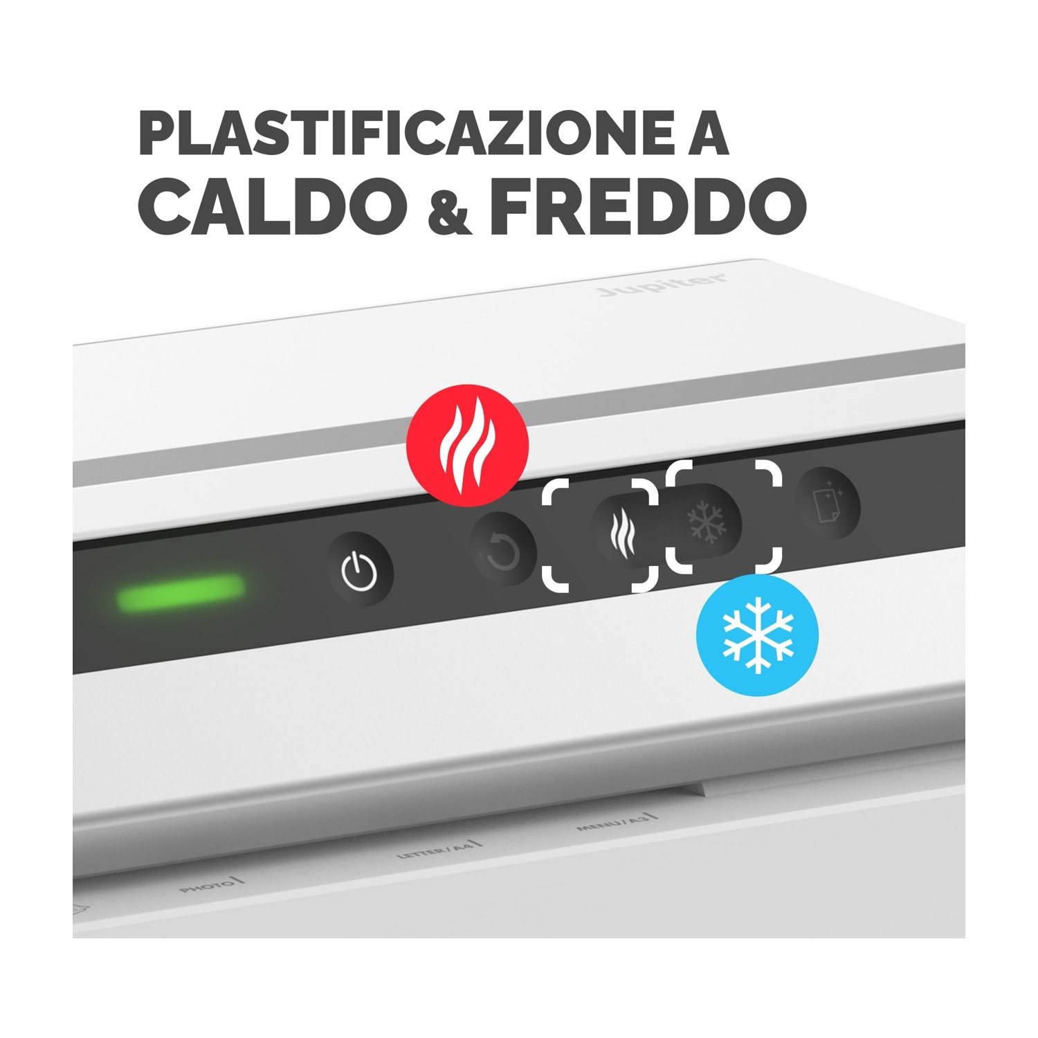 Primo piano sul pannello di controllo di una plastificatrice bianca con simboli di calore, freddo e alimentazione.