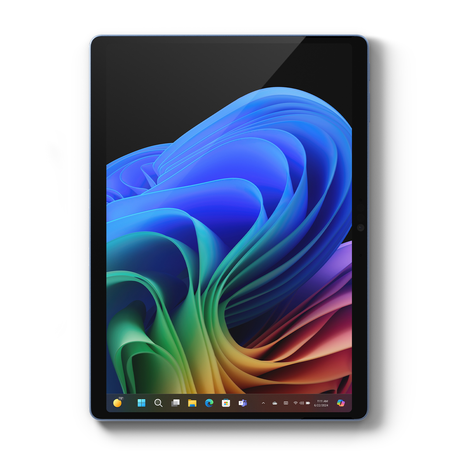 Un tablet con cornice blu mostra un'opera d'arte astratta colorata sullo schermo.