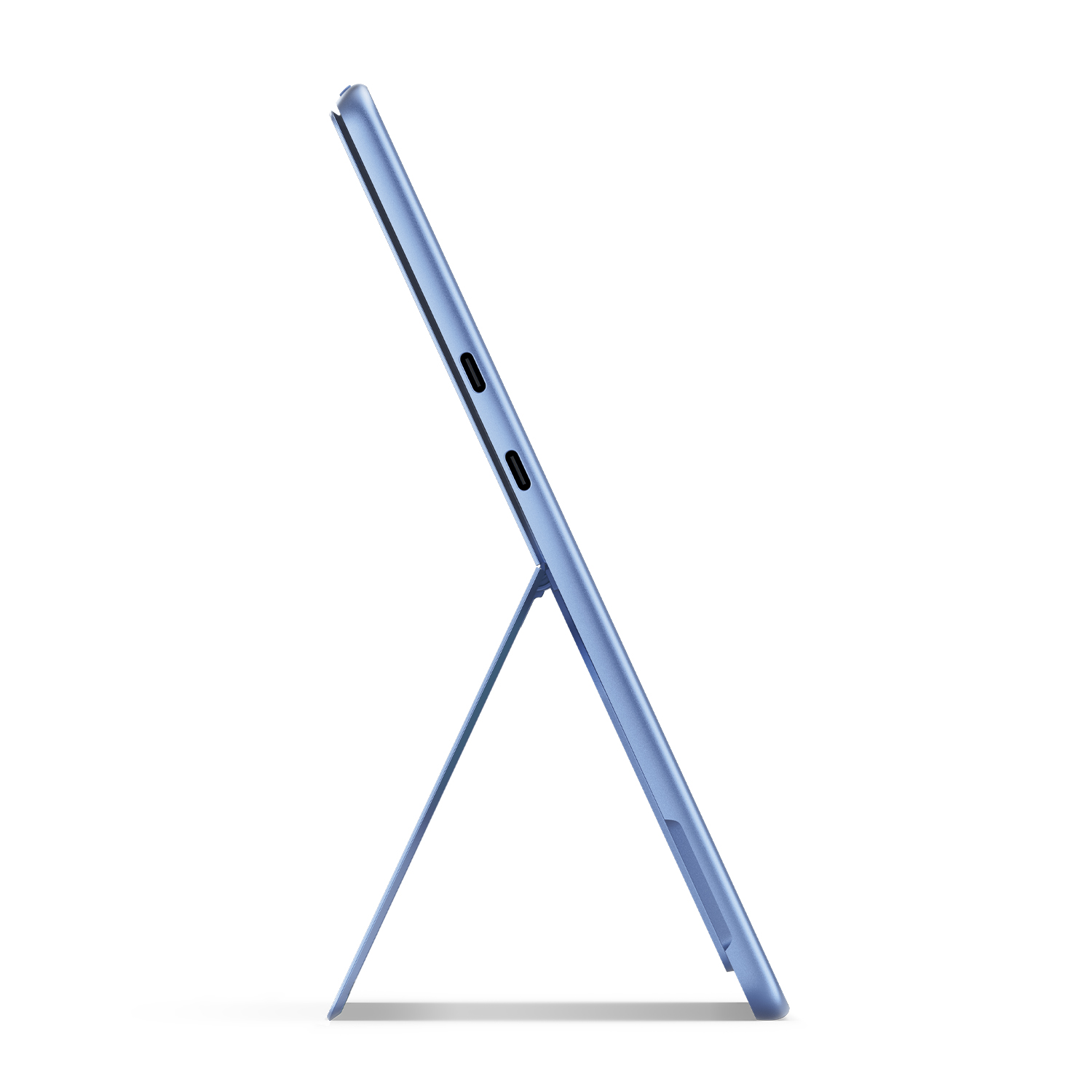 Tablet blu con supporto, inclinato di lato, che mostra le sue porte, su sfondo bianco.
