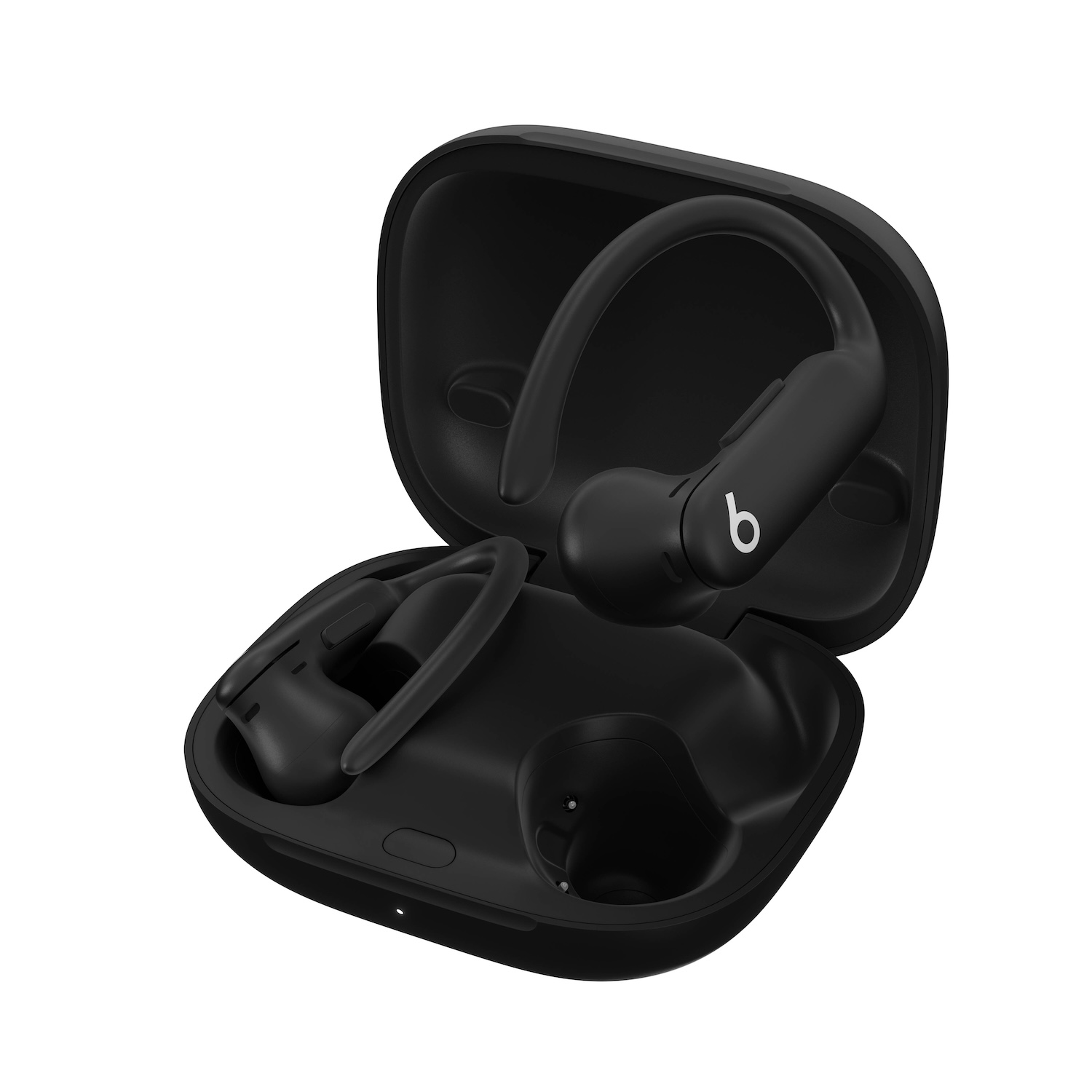 Auriculares Beats negros en un estuche negro, sobre fondo blanco. Estuche abierto, auriculares visibles.