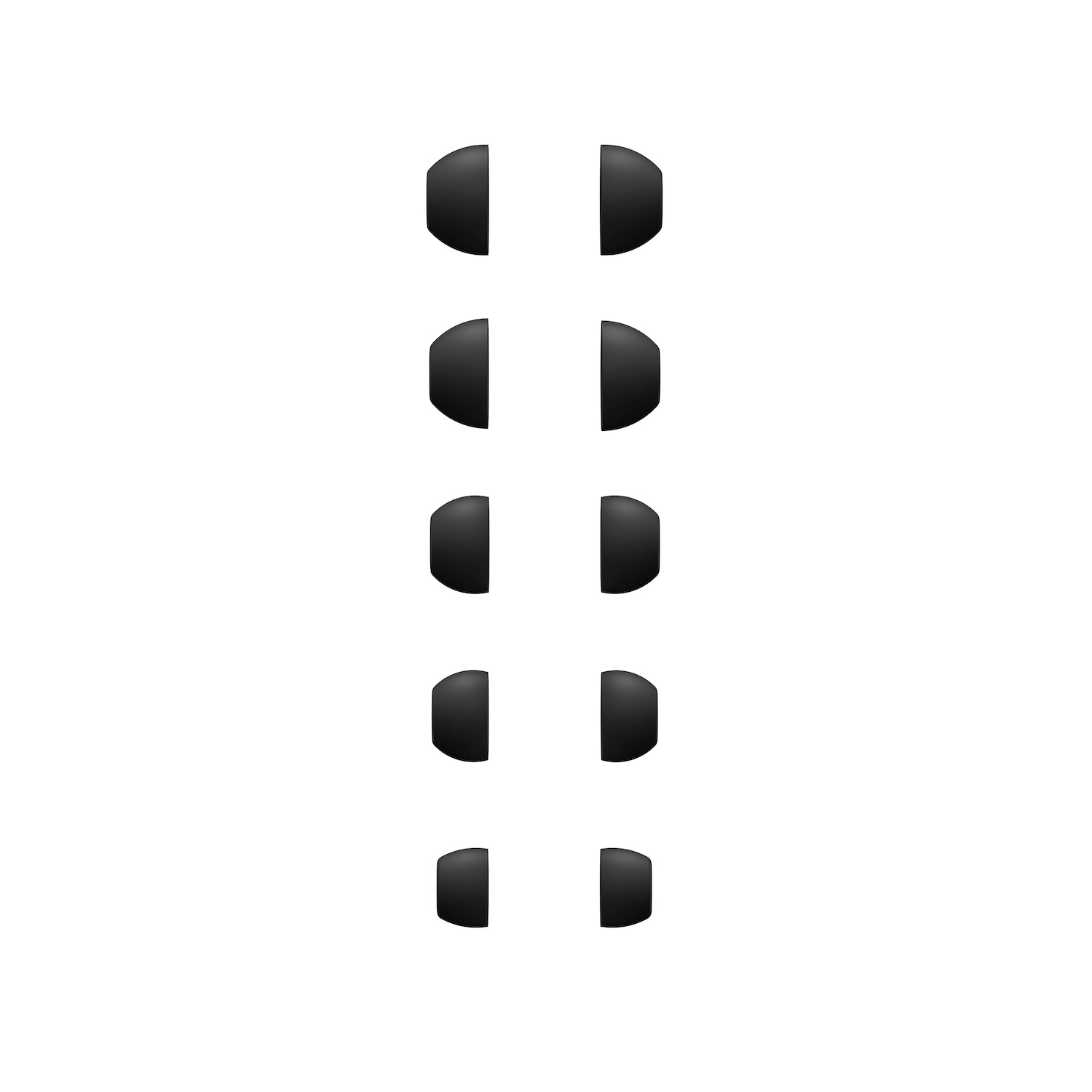 Puntas de auriculares dispuestas verticalmente, alternando entre dos formas ovaladas negras.
