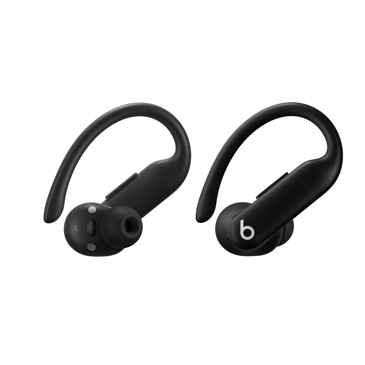 Dos auriculares Beats negros, cada uno con un gancho para la oreja curvado y el logotipo 'b' en el lateral.