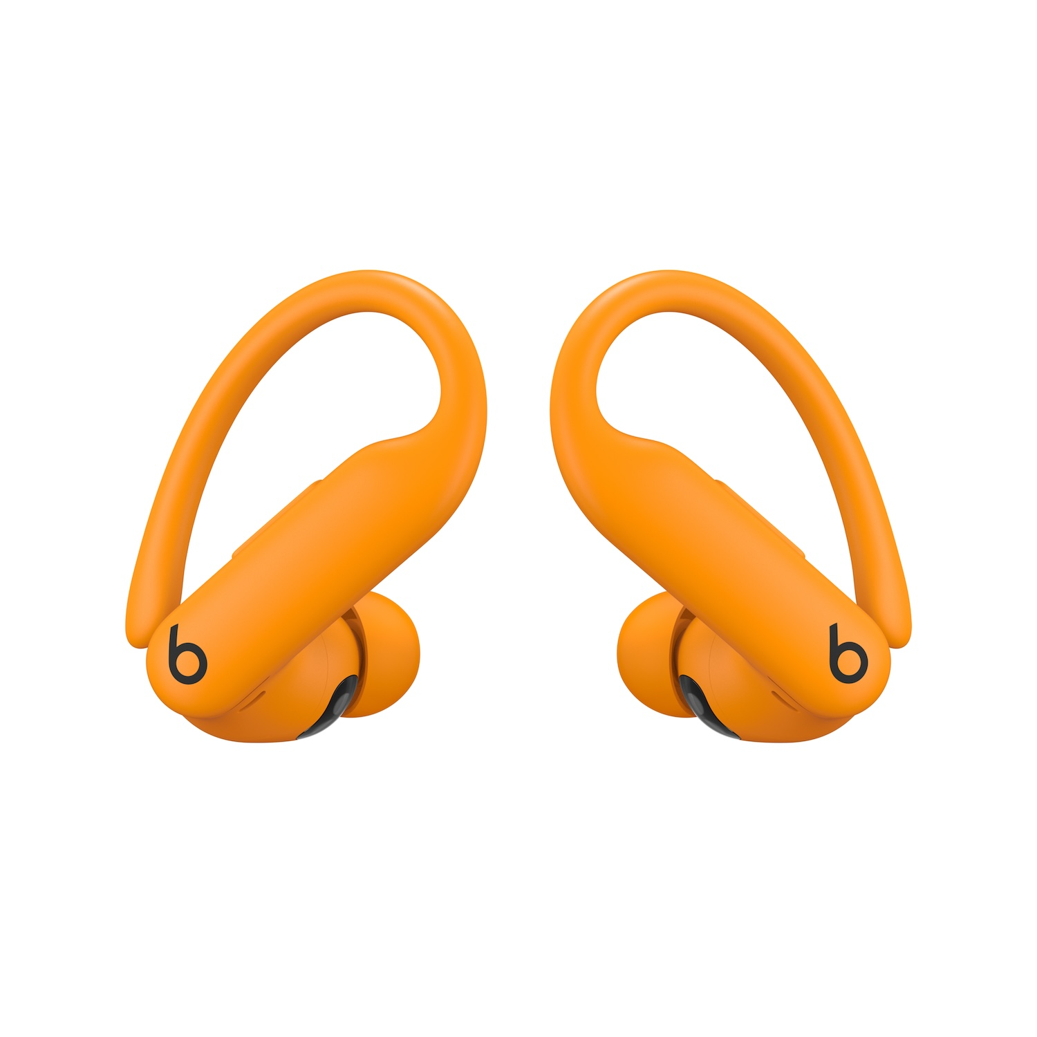 Dos auriculares inalámbricos naranjas con ganchos para la oreja. El fondo es blanco.